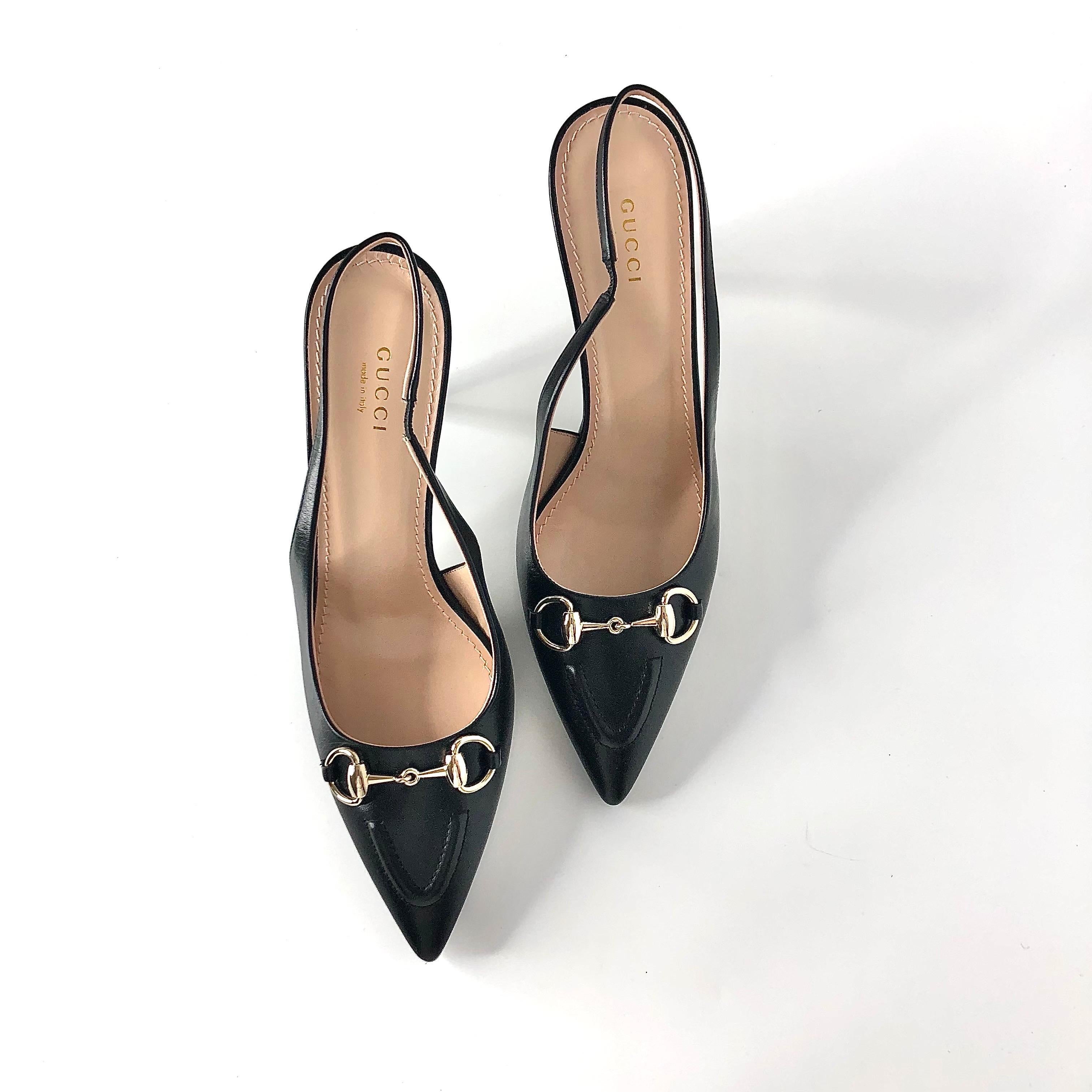 Marrone NIB Gucci Horsebit Slingback 100mm Pointed Toe Pumps 39 in vendita
