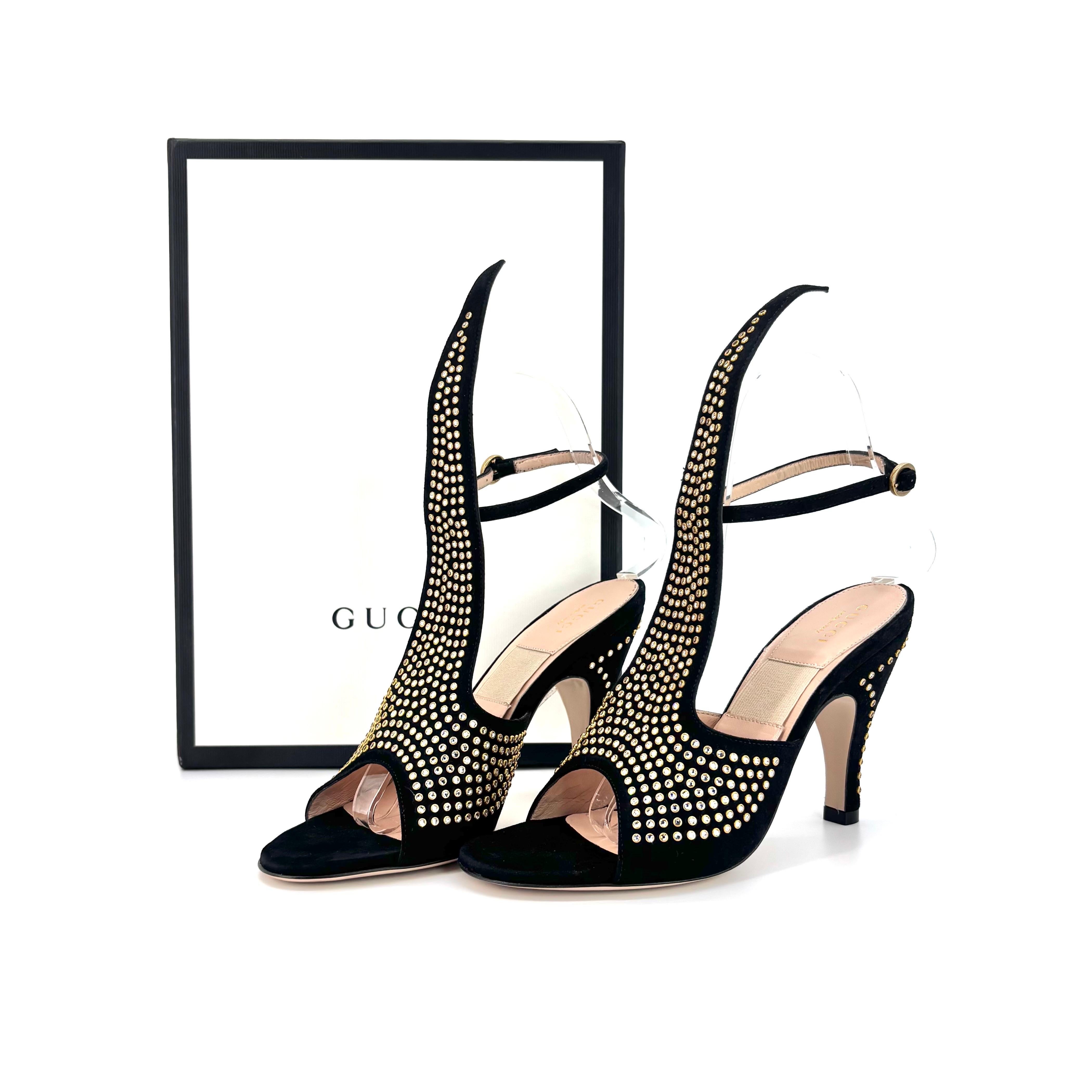 Gucci Suede Crystal Embellished Cone Heeled Sandals

Color Black
Size 36EU 
Heel Height 4in 
Suede upper
Embellished with crystals at vamp and heel
Mid heel
Ankle adjustable strap
Made in Italy

New, in box, with dust bags and spare heel