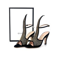 NIB Gucci Suede Crystal Embellished Cone Heeled Ankle Strap Sandals Women’s 36