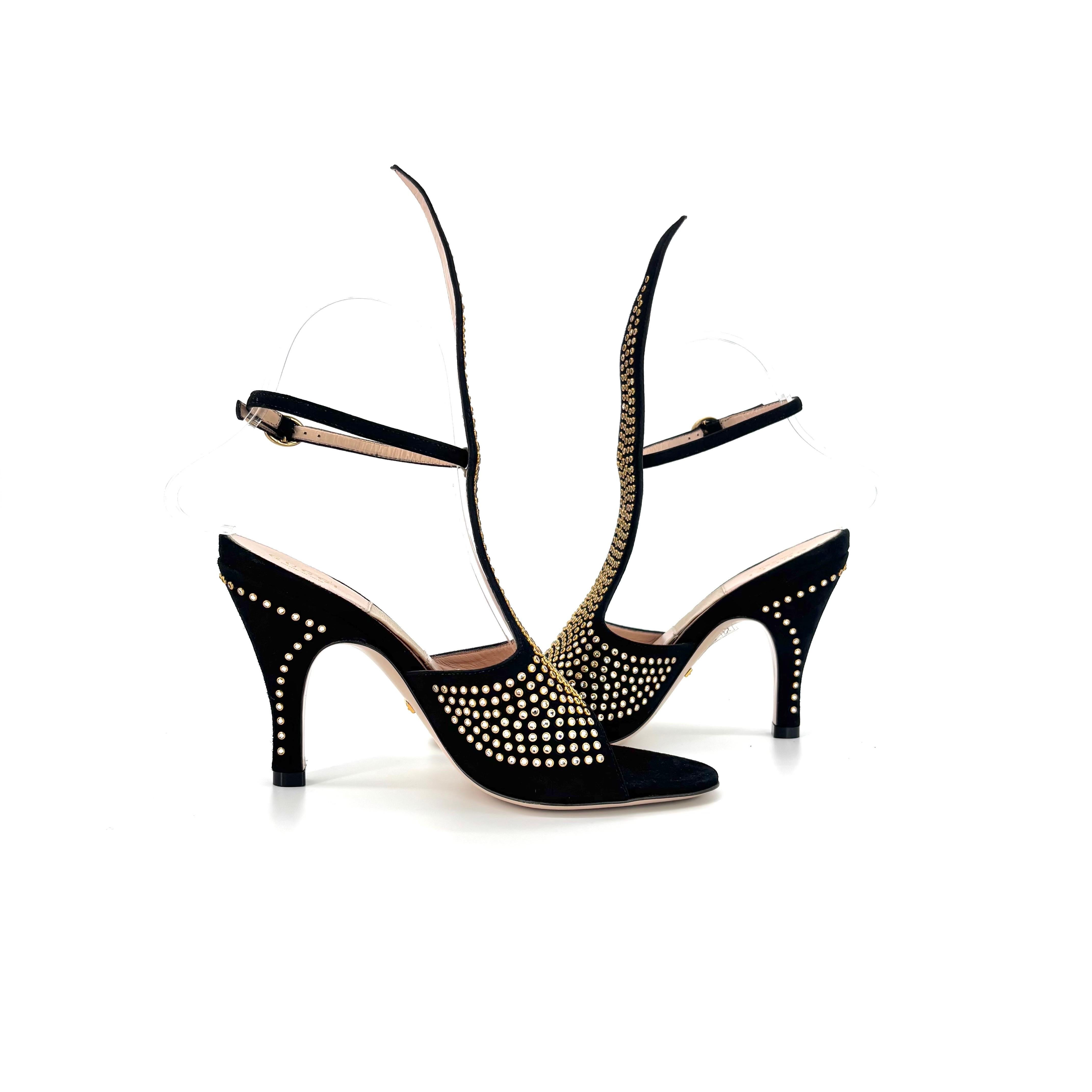 NIB Gucci Suede Crystal Embellished Cone Heeled Ankle Strap Sandals Women’s 36 In New Condition For Sale In Mechanicsville, VA