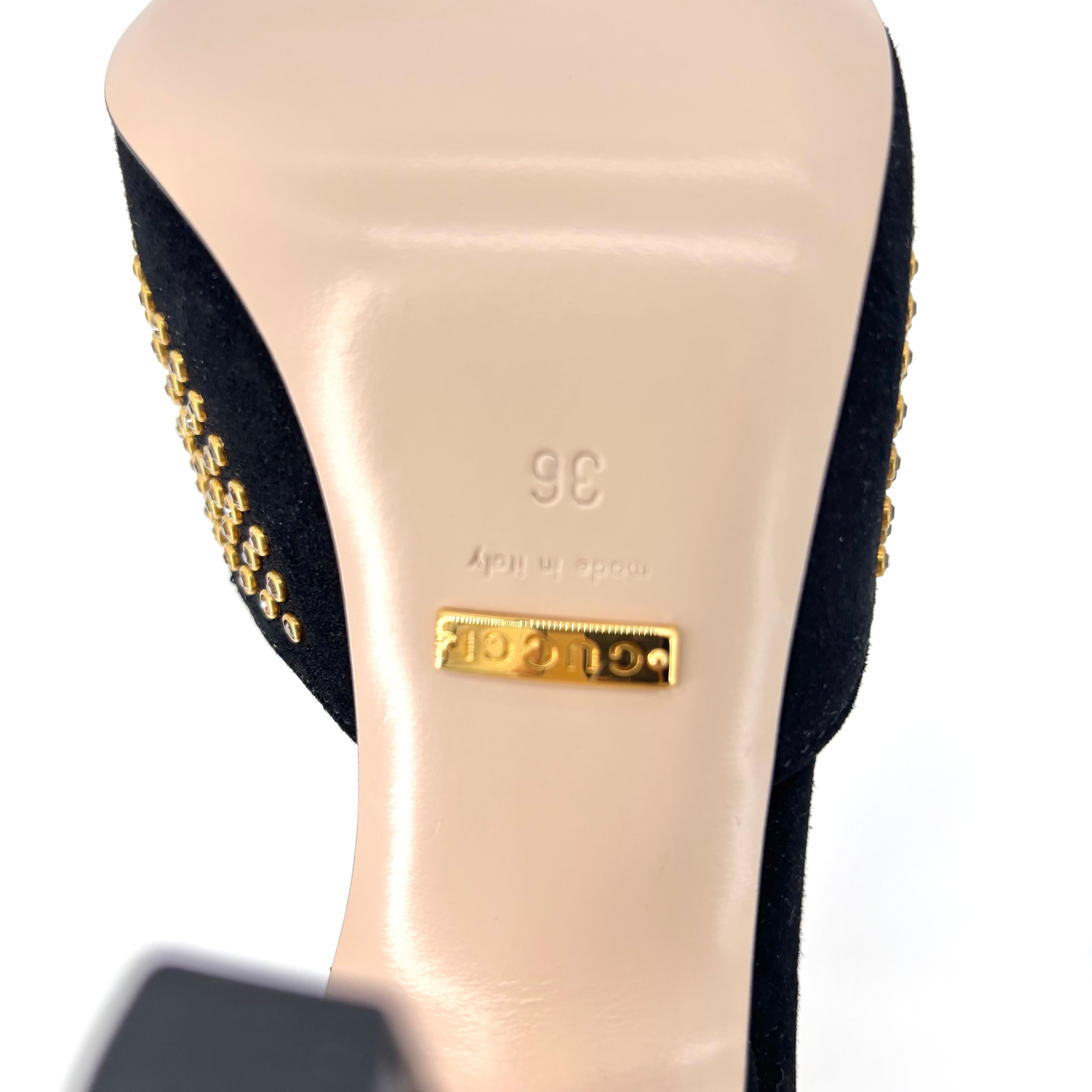 NIB Gucci Suede Crystal Embellished Cone Heeled Ankle Strap Sandals Women’s 36 For Sale 2