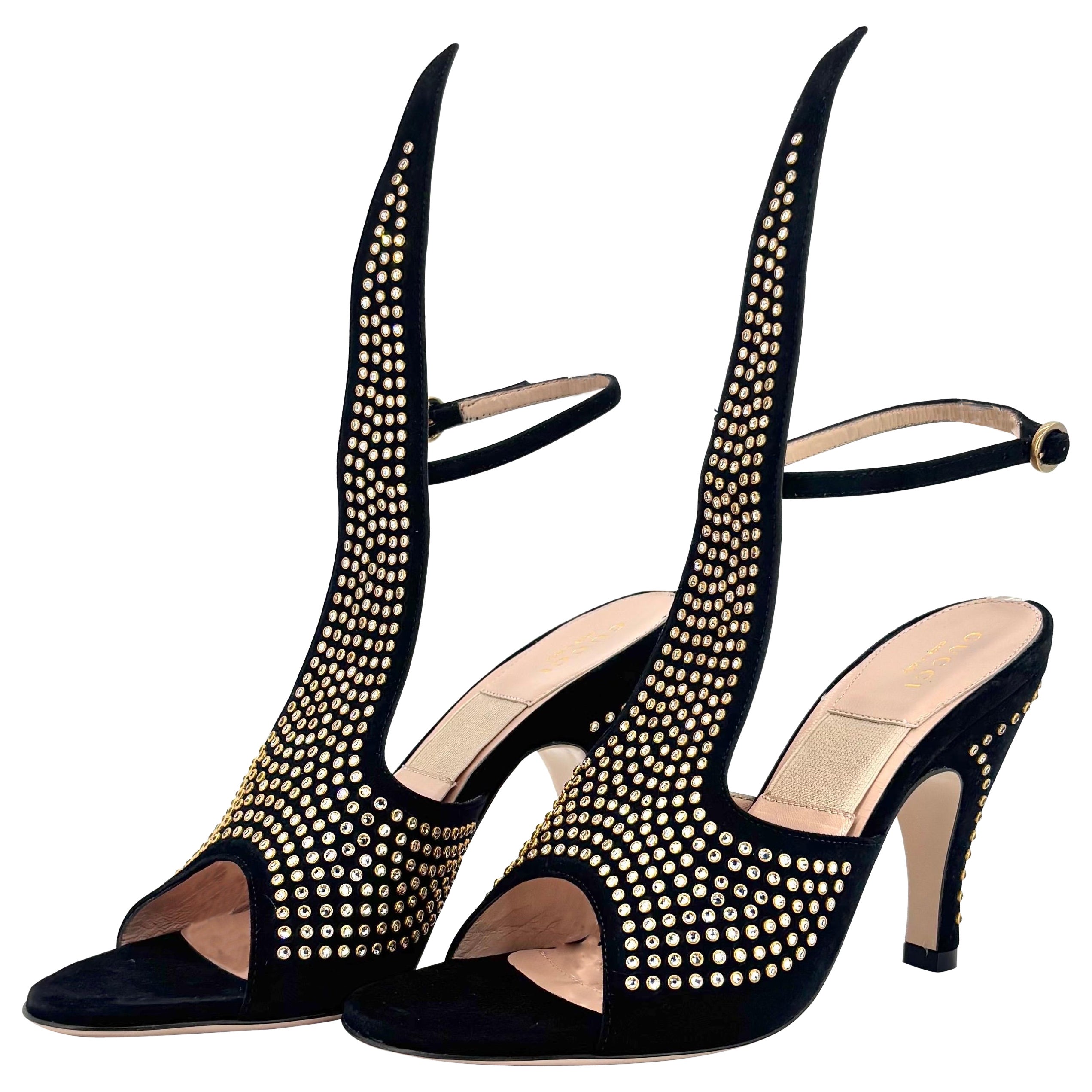 NIB Gucci Suede Crystal Embellished Cone Heeled Ankle Strap Sandals Women
s 36