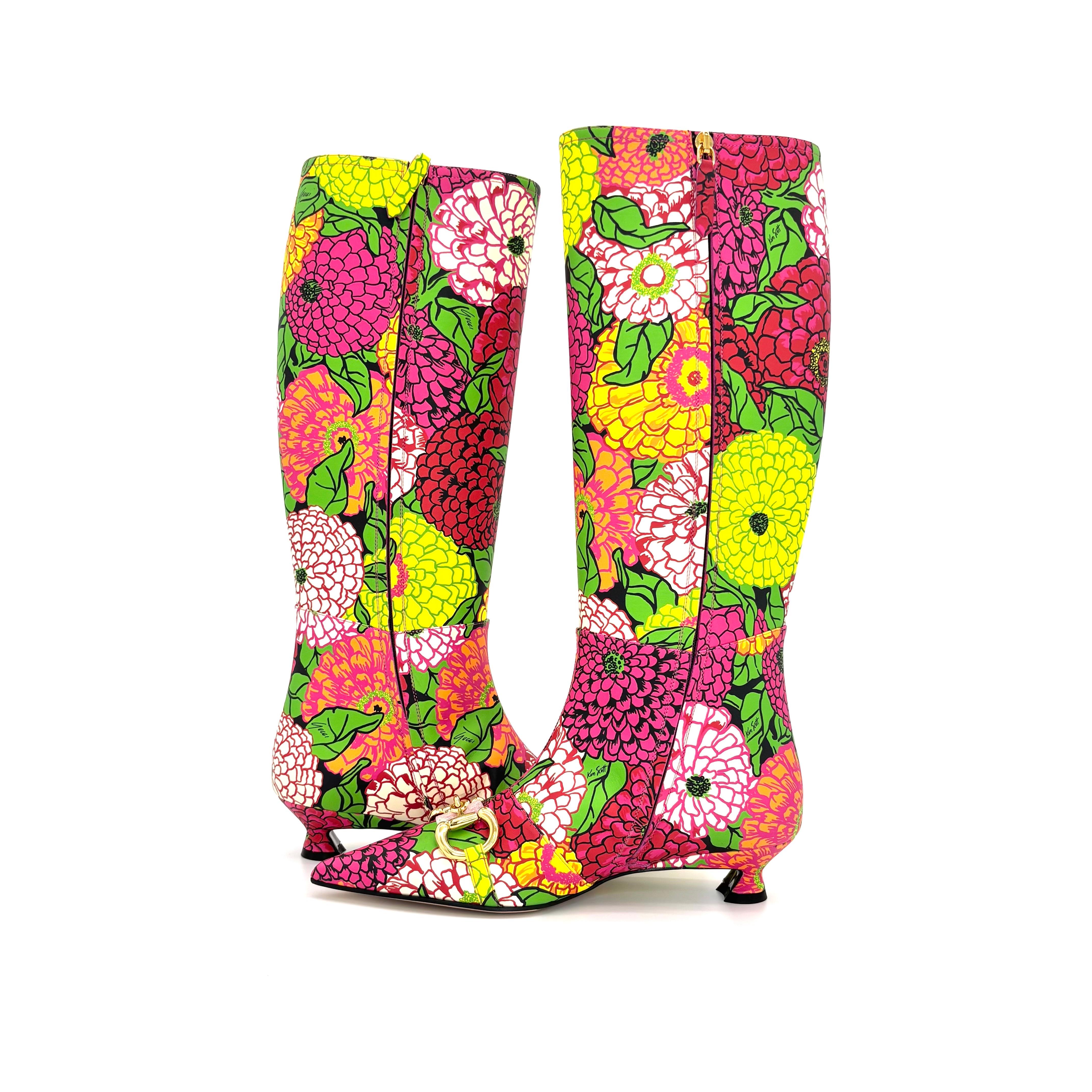 NIB Gucci x Ken Scott Pomponica Horsebit Botas de tacón de gatito floral hasta la rodilla 36 en Nuevo estado para la venta en Mechanicsville, VA