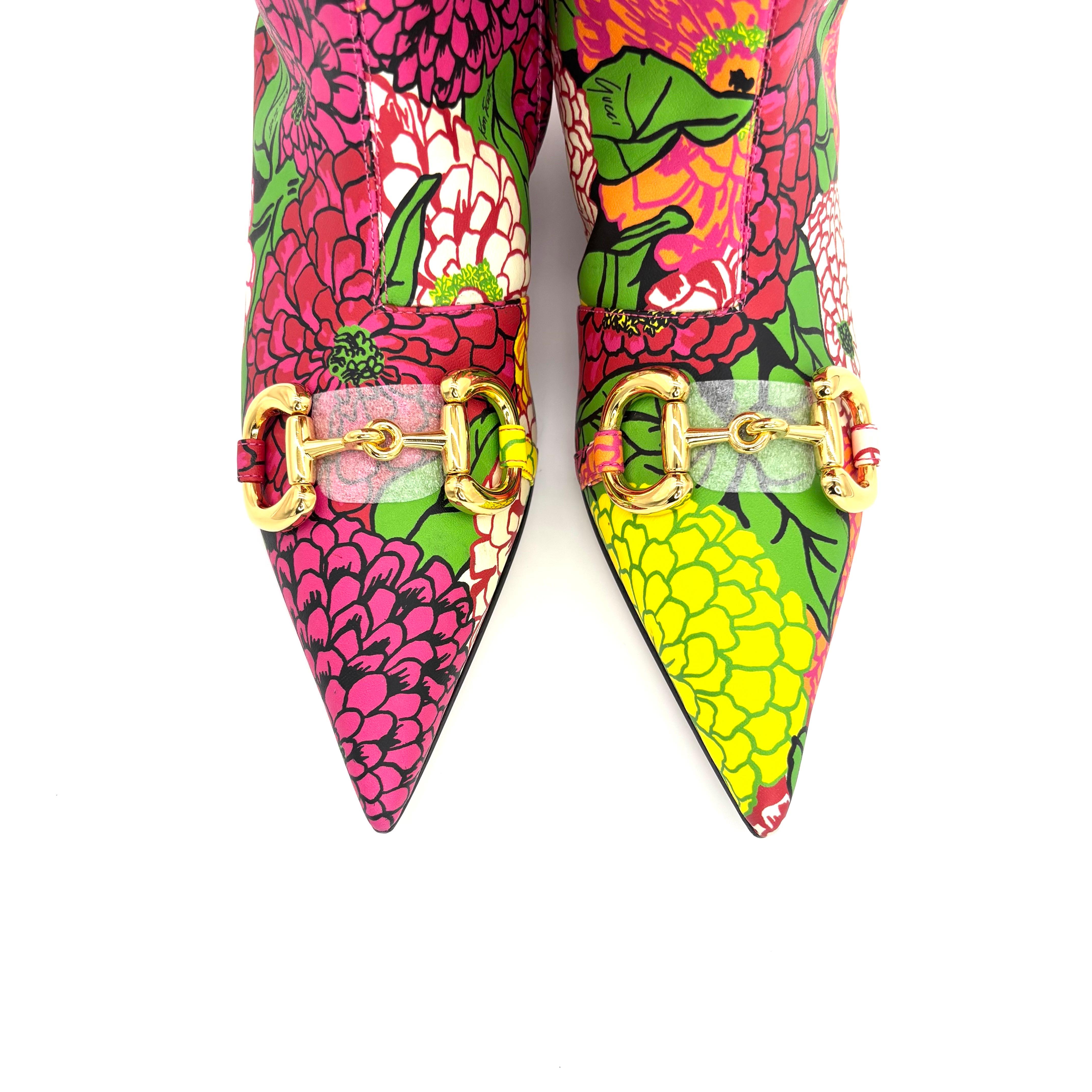 NIB Gucci x Ken Scott Pomponica Horsebit Botas de tacón de gatito floral hasta la rodilla 36 en venta 2