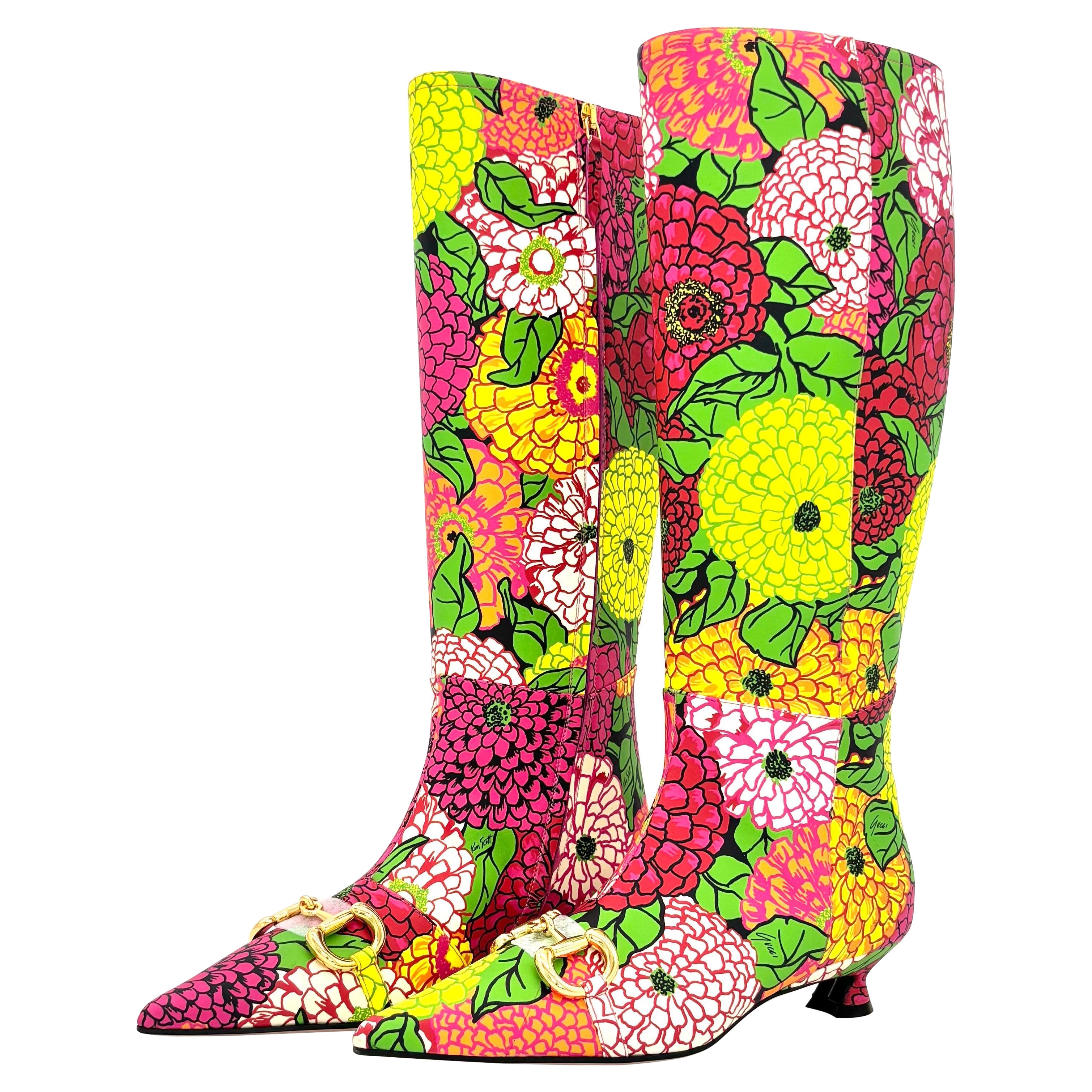NIB Gucci x Ken Scott Pomponica Horsebit Botas de tacón de gatito floral hasta la rodilla 36
