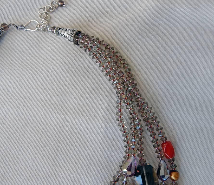 NIB Handcrafted Smoky Quartz and Agate Sterling Silver Floral Necklace In New Condition For Sale In Los Angeles, CA