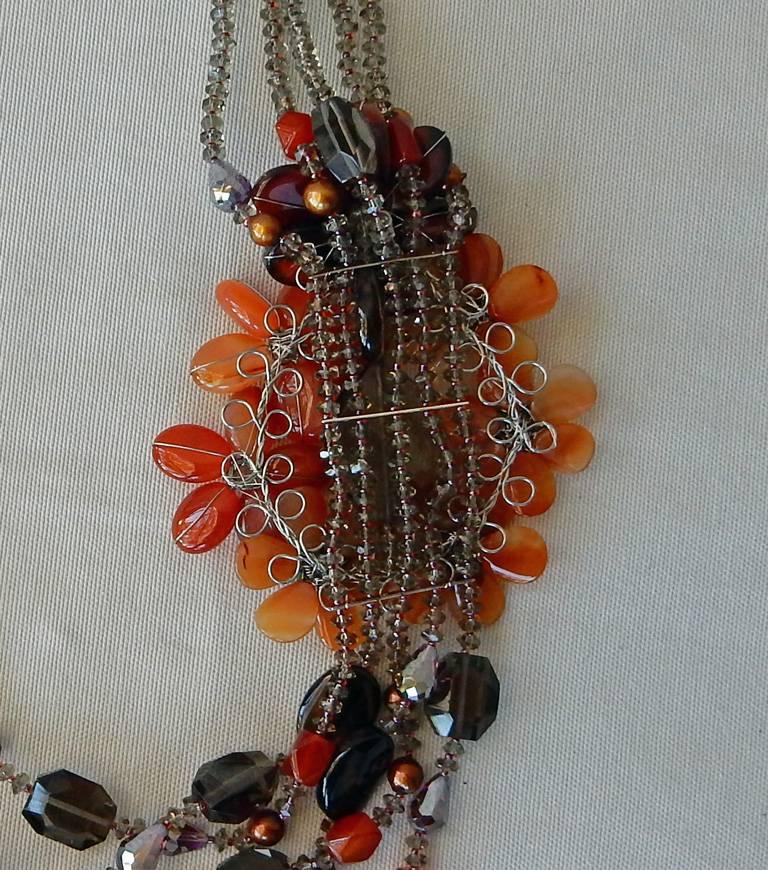 NIB Handcrafted Smoky Quartz and Agate Sterling Silver Floral Necklace For Sale 1