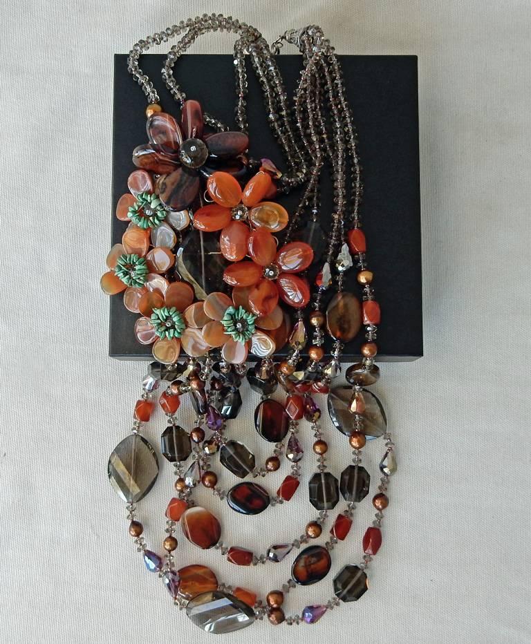 NIB Handcrafted Smoky Quartz and Agate Sterling Silver Floral Necklace For Sale 2