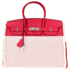 NIB Hermès Framboise Swift & Ecru Toile Fray Fray Birkin 35 PHW