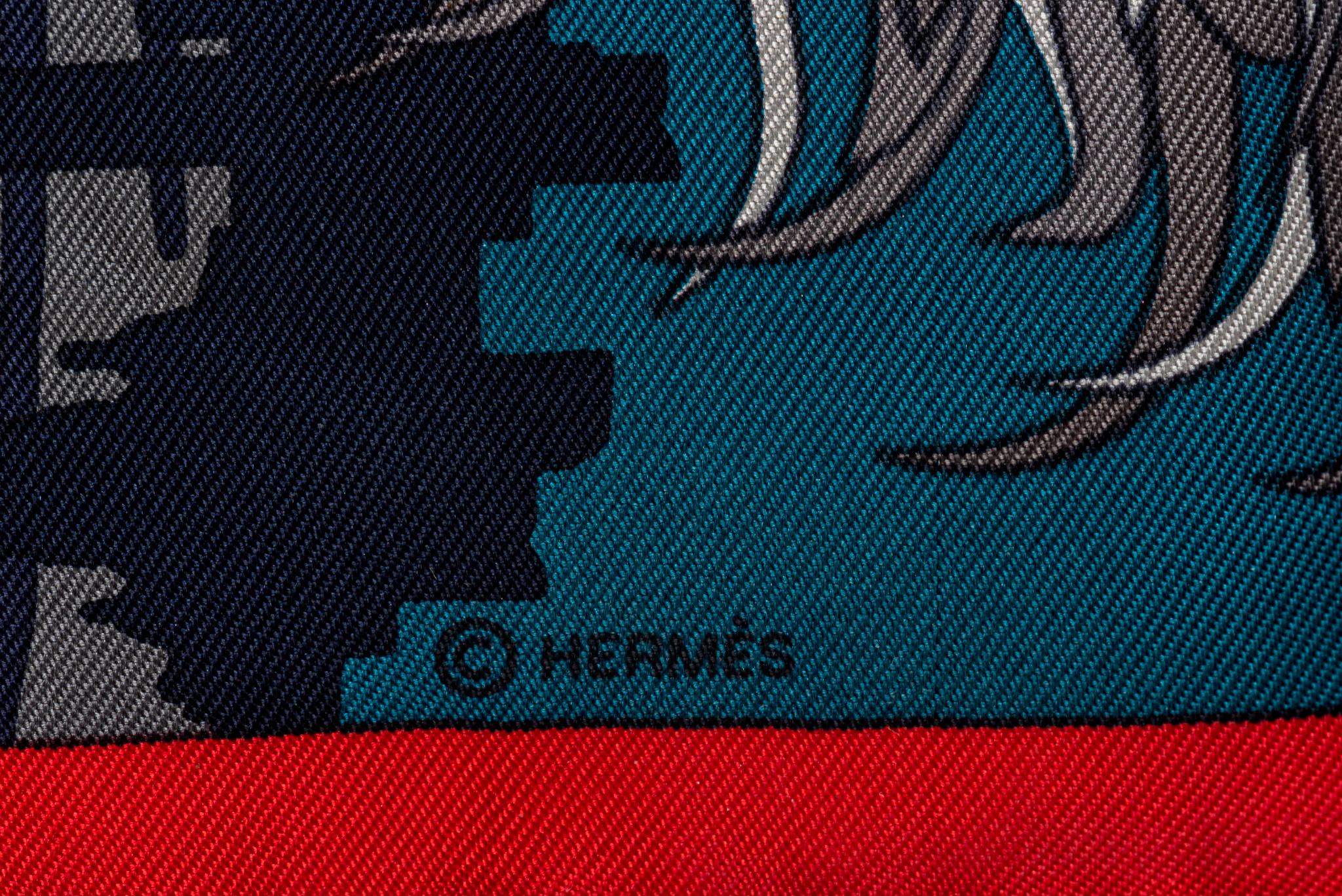 Hermès new red and blue Faubourg silk scarf. Hand-rolled edges. Comes in original box.