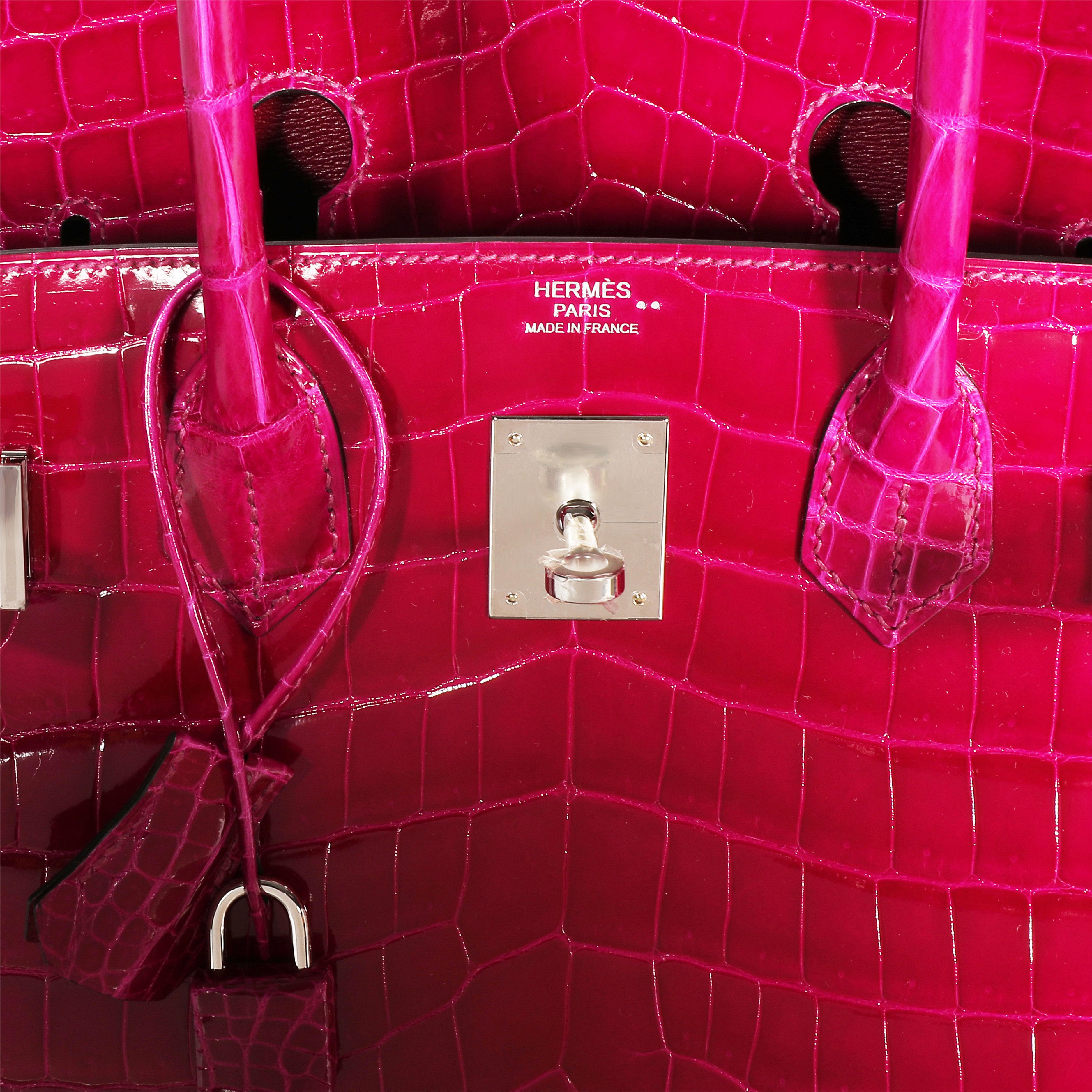 NIB Hermès Rose Pourpre Shiny Niloticus Crocodile Birkin 30 PHW
SKU: 110131
Handbag Condition: Mint

Condition Comments: NIB. New in box. Mint Condition. Plastic on hardware. No visible signs of wear. Final sale.

Brand: Hermès
Model: Birkin
Origin