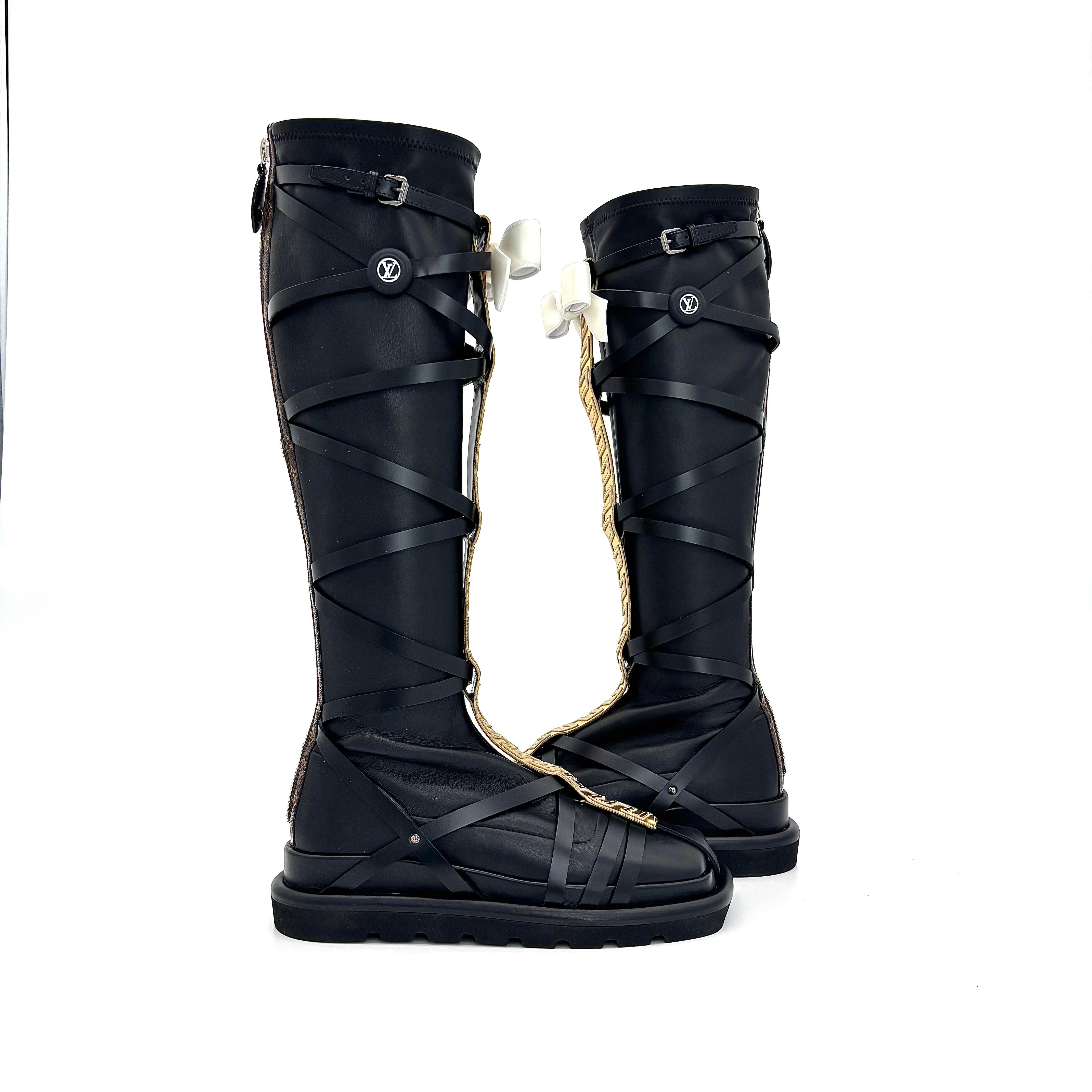 Black NIB Louis Vuitton A/W 2021 Runway Fornasetti LV Monogram Knee High Boots 37 For Sale