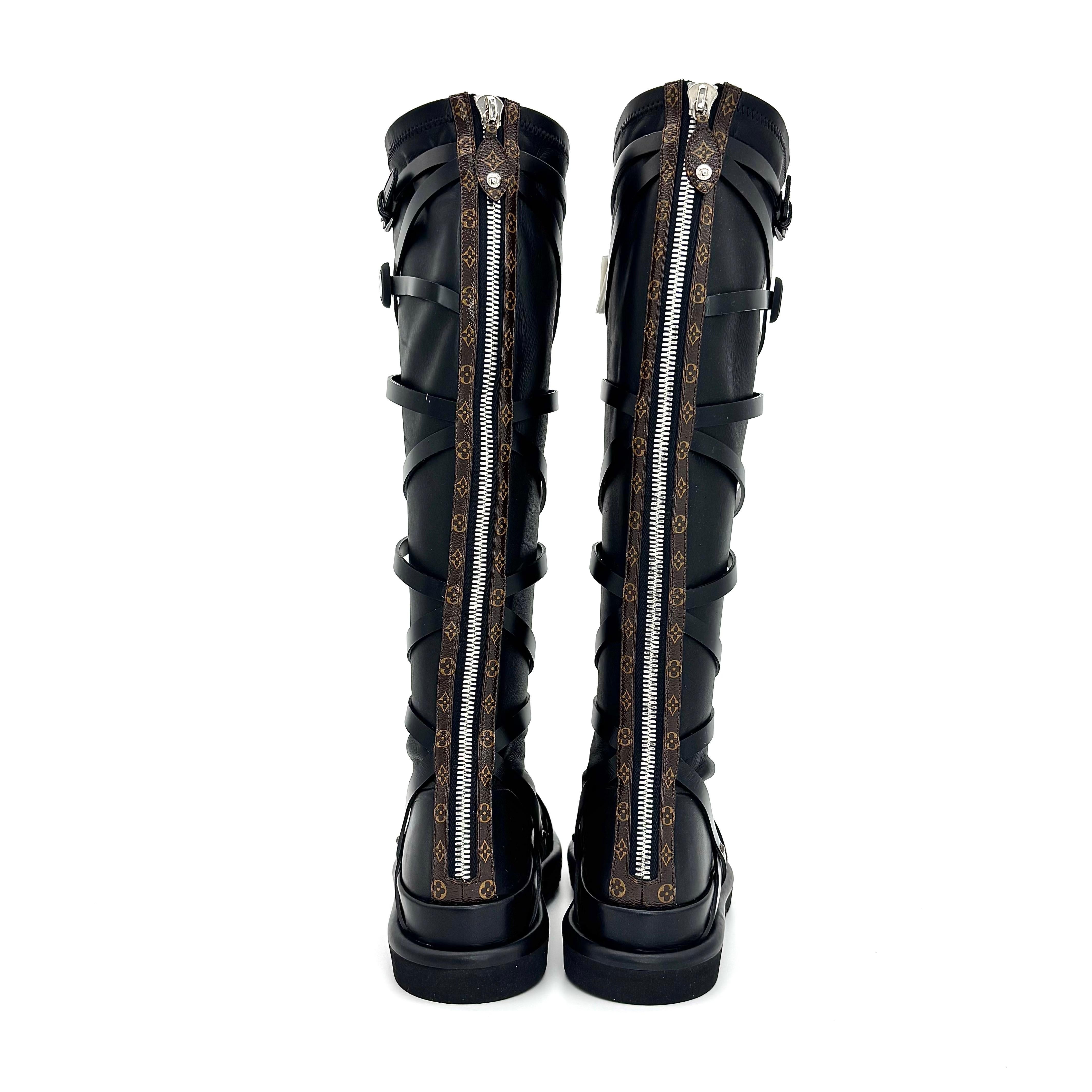 Women's NIB Louis Vuitton A/W 2021 Runway Fornasetti LV Monogram Knee High Boots 37 For Sale