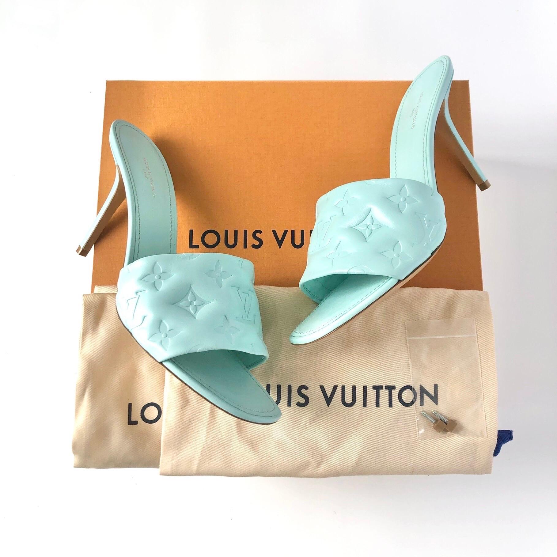 Louis Vuitton Revival Monogram Emboss Mules
BR0232
New, with box, with dustbags, spare heel tips, shopping tote
Color Mint
Size 41EU
Calf leather upper
Leather outsole
Tapered square toe box 
LV monogram embossed
Leather covered heel
Medium heel