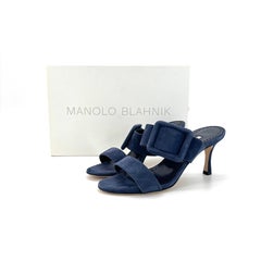 NIB Manolo Blahnik Gable Denim Navy Suede Buckle Detail Mules Slip On Sandals 36