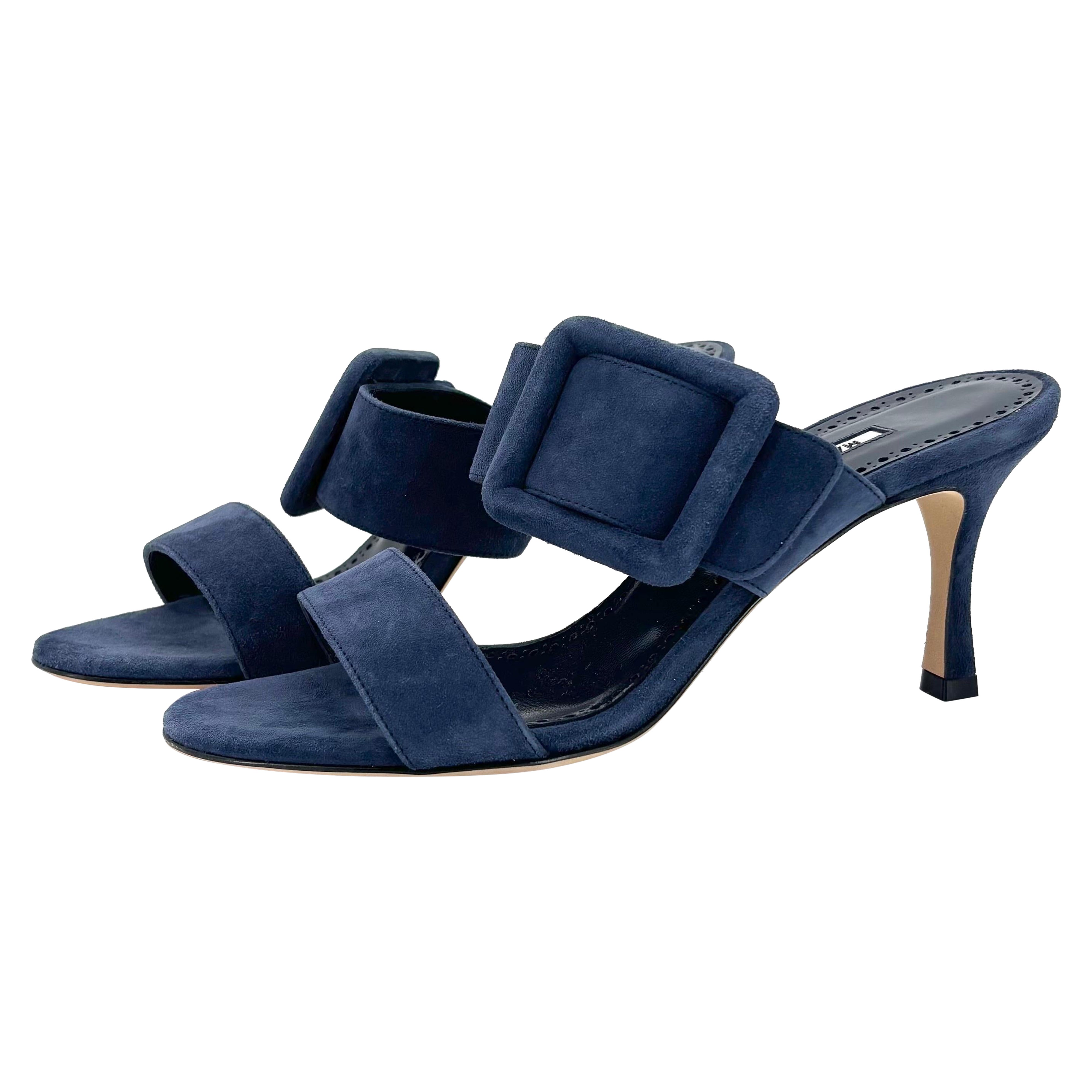 NIB Manolo Blahnik Gable Denim Navy Suede Buckle Detail Mules Slip On Sandals 36