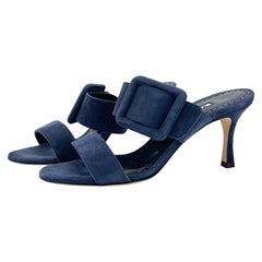 NIB Manolo Blahnik Gable Denim Navy Suede Buckle Detail Mules Slip On Sandals 36
