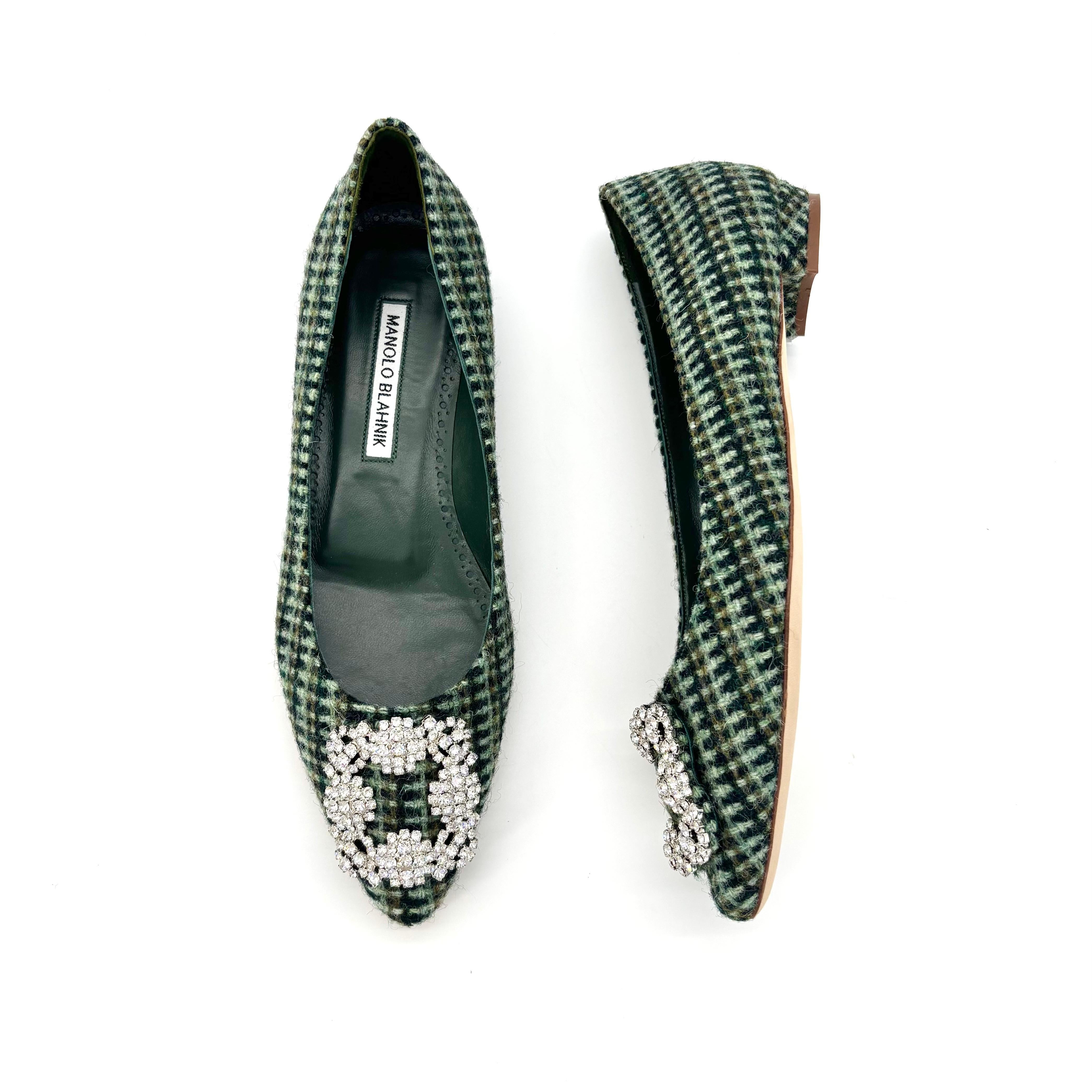 NIB Manolo Blahnik Hangisi Flat Wool Crystal Embellished Pointed Toe Shoes 37