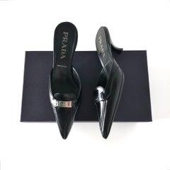 NIB Prada Logo Plaque Black Pointed Toe Kitten Heel Mules Pumps 36.5