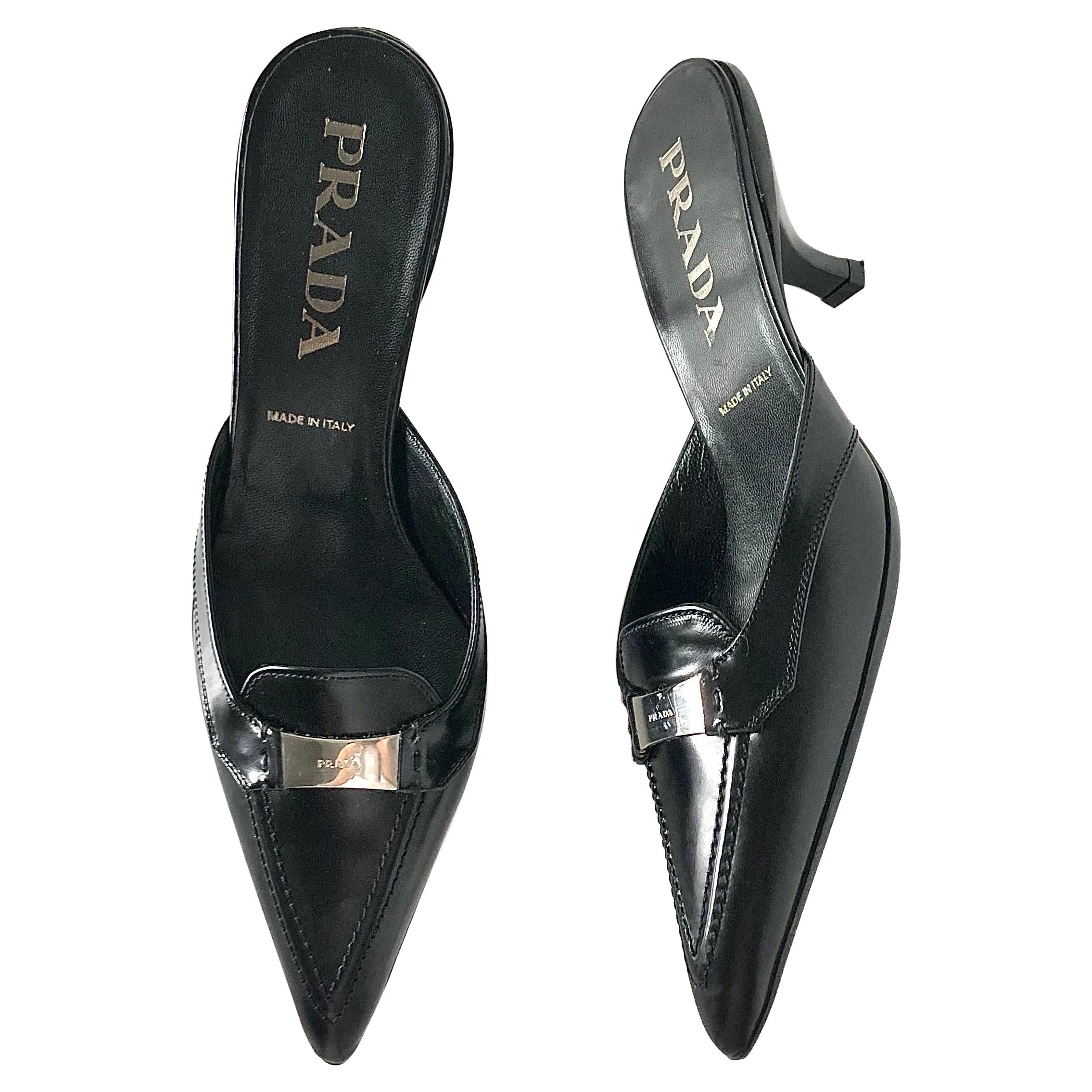 NIB Prada Logo Plaque Black Pointed Toe Kitten Heel Mules Pumps 36.5