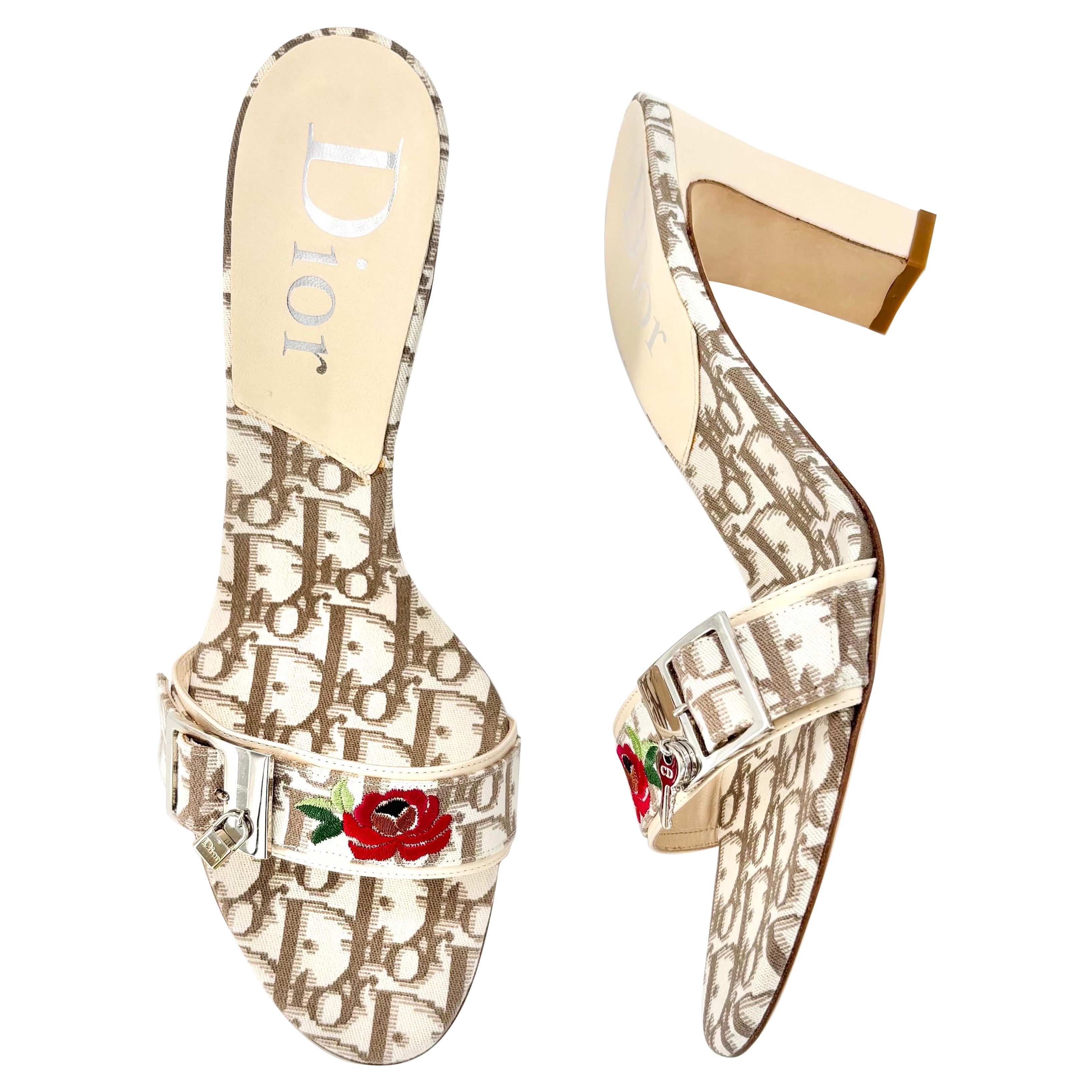 NIB Vintage Christian Dior 2005 Galliano Lock and Key Monogram Print Mules 40.5 For Sale