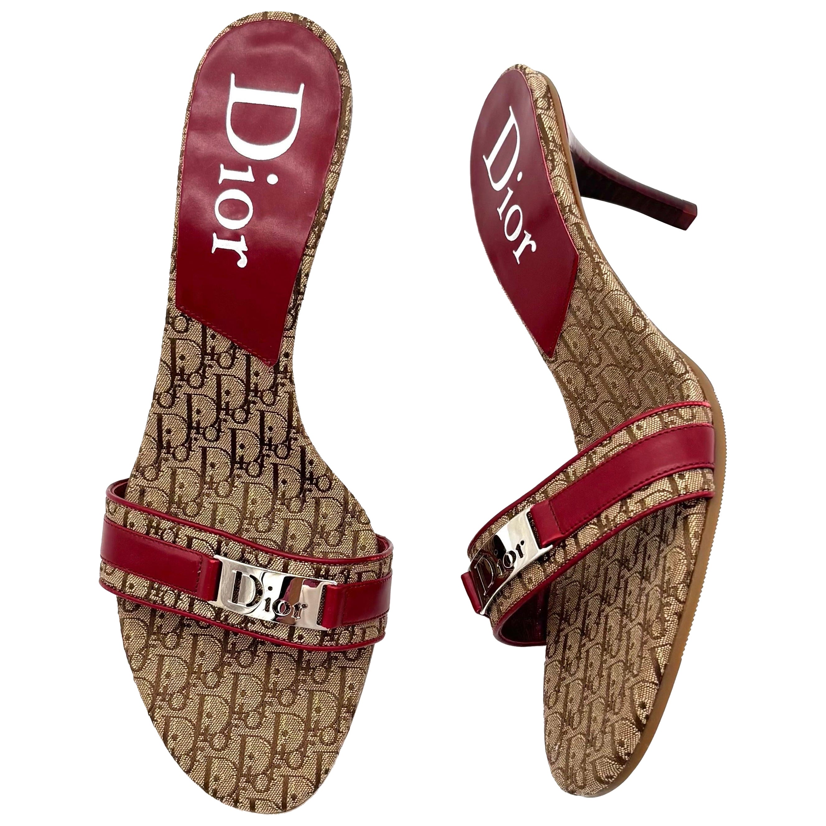 NIB Vintage Dior Diorissimo John Galliano Red Monogram Mule Heeled Sandals 40