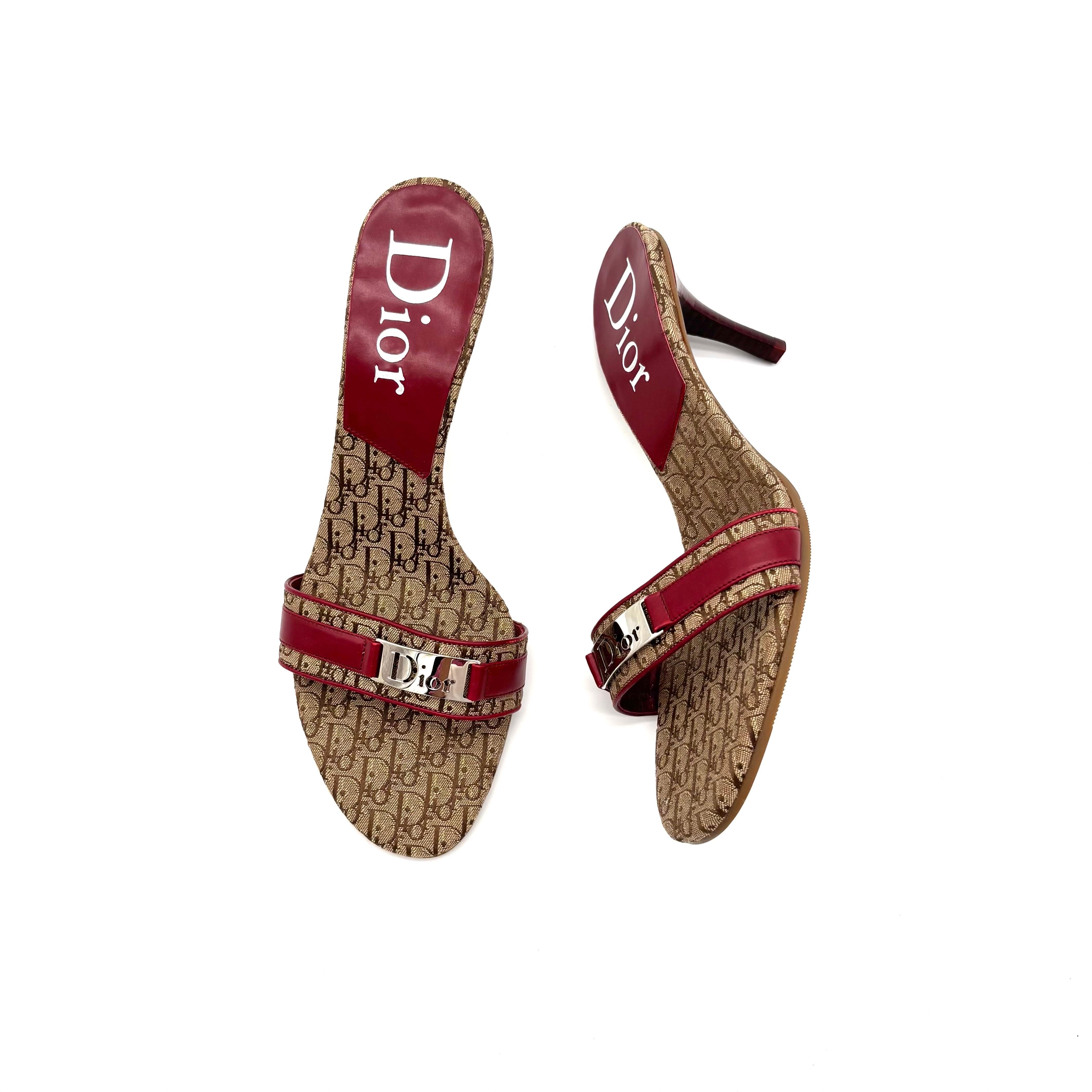NIB Vintage Dior Diorissimo John Galliano Red Monogram Mule Heeled Sandals 40