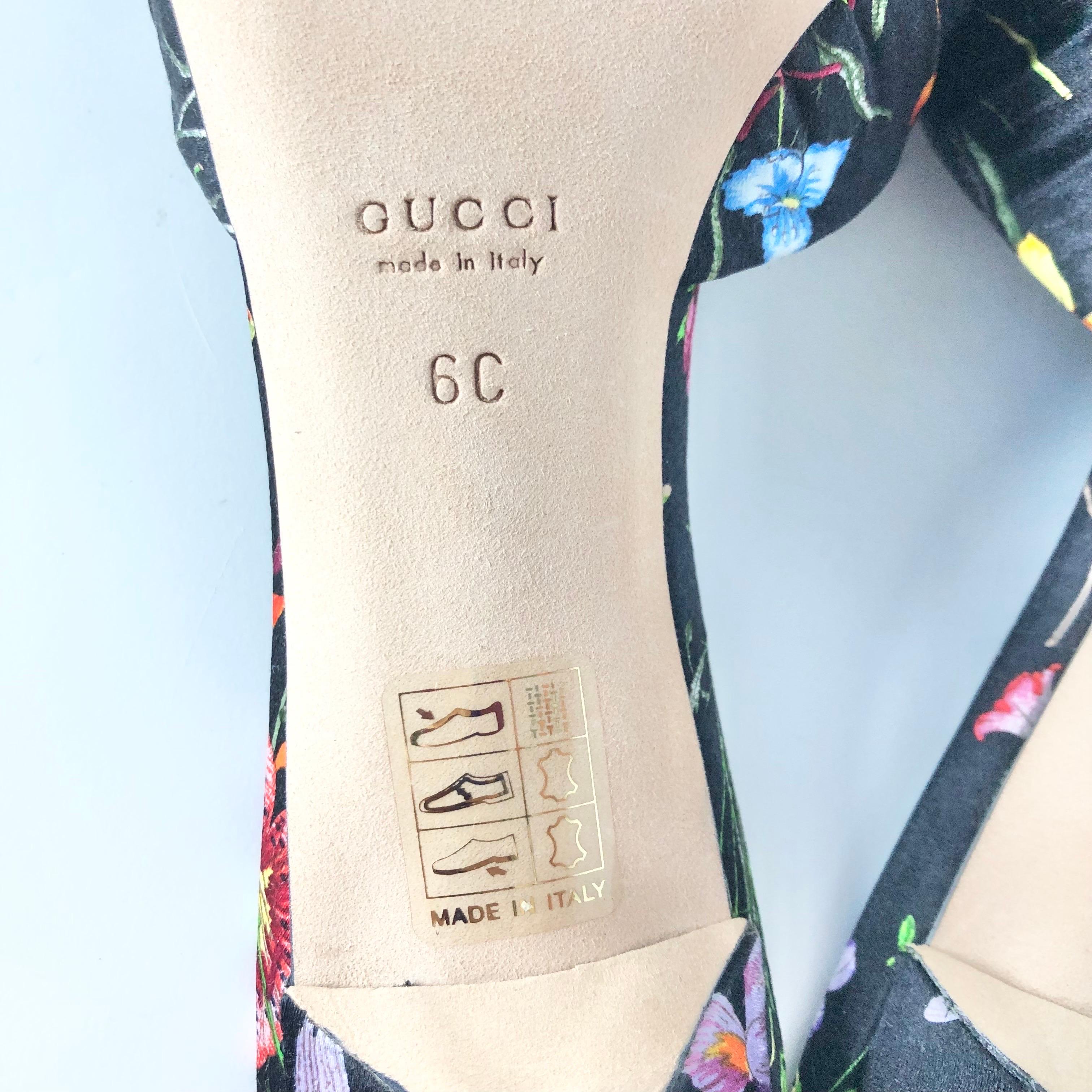 NIB Vintage Gucci Flora Satin Bow Flower Print Kitten Heel Slip On Mules 6 en vente 3