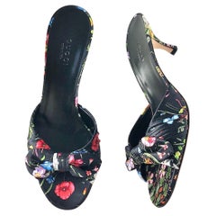 NIB Vintage Gucci Flora Satin Bow Flower Print Kitten Heel Slip On Mules 6