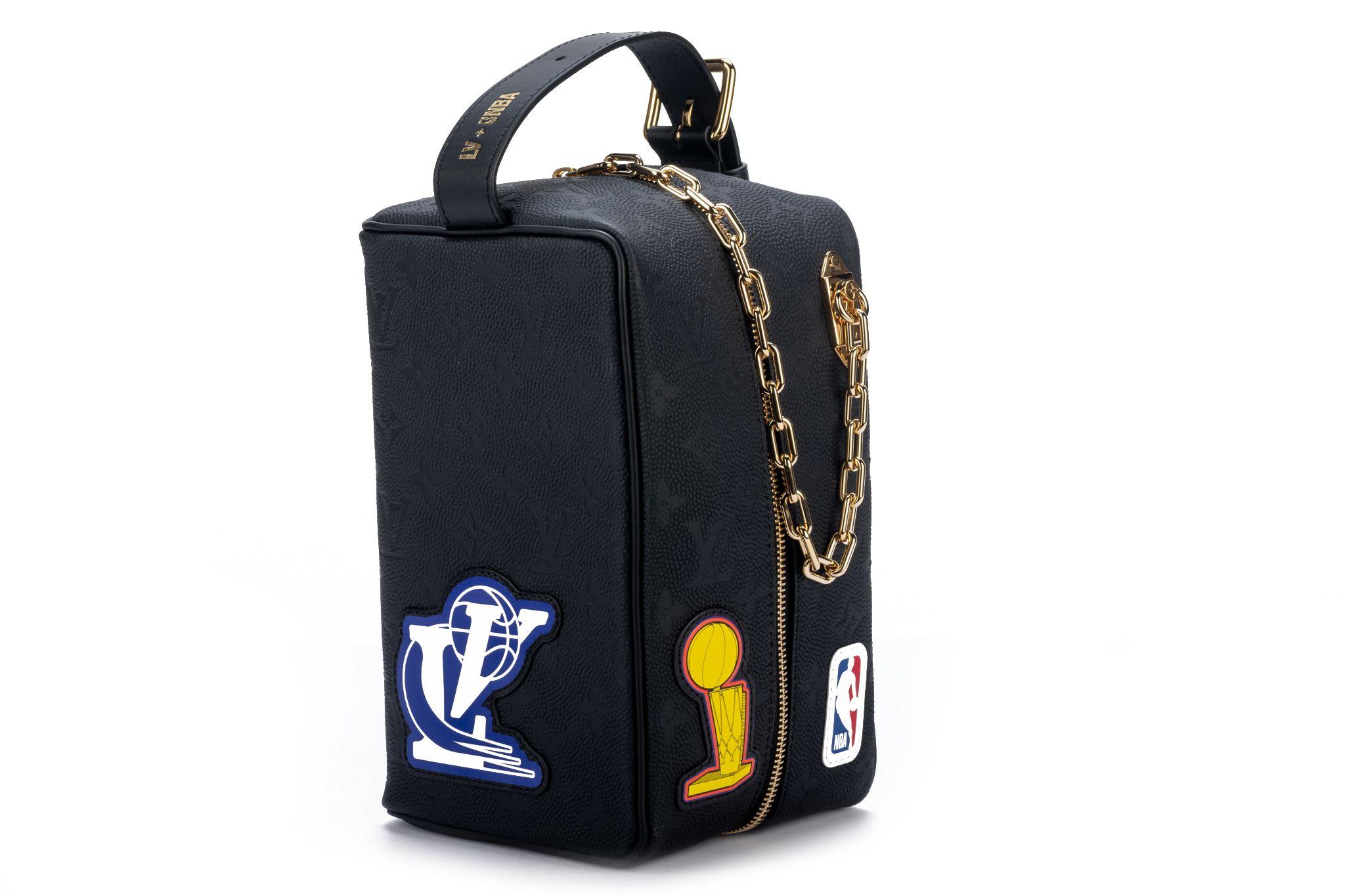As part of the Louis Vuitton x NBA Season 2 capsule collection, the cloakroom dopp kit is made from black monogram-embossed leather and decorated with print and patches inspired by basketball championship jackets The adjustable leather handle (2.5'
