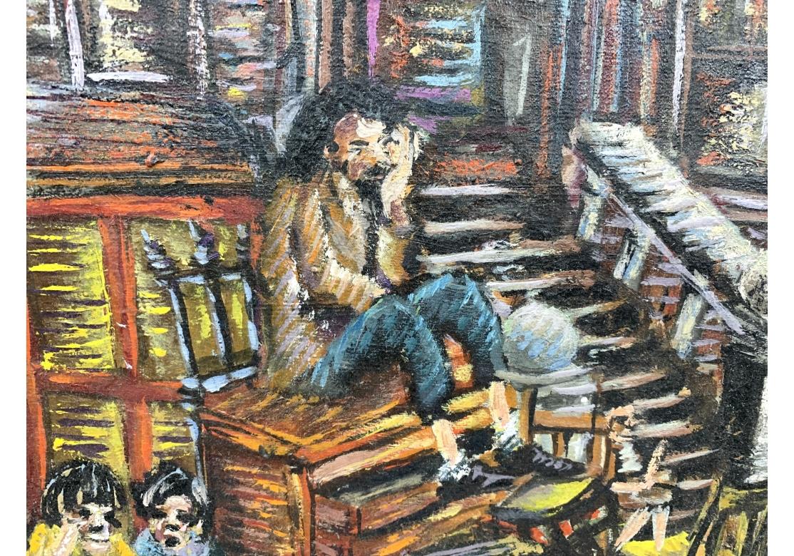 Artista impressionista noto per le scene di New York.
Si tratta di un olio su tela che ritrae figure di disagiati, rifugiati, secondo il titolo, in varie pose di fronte agli edifici popolari di Brooklyn.
Presentato in una cornice di legno