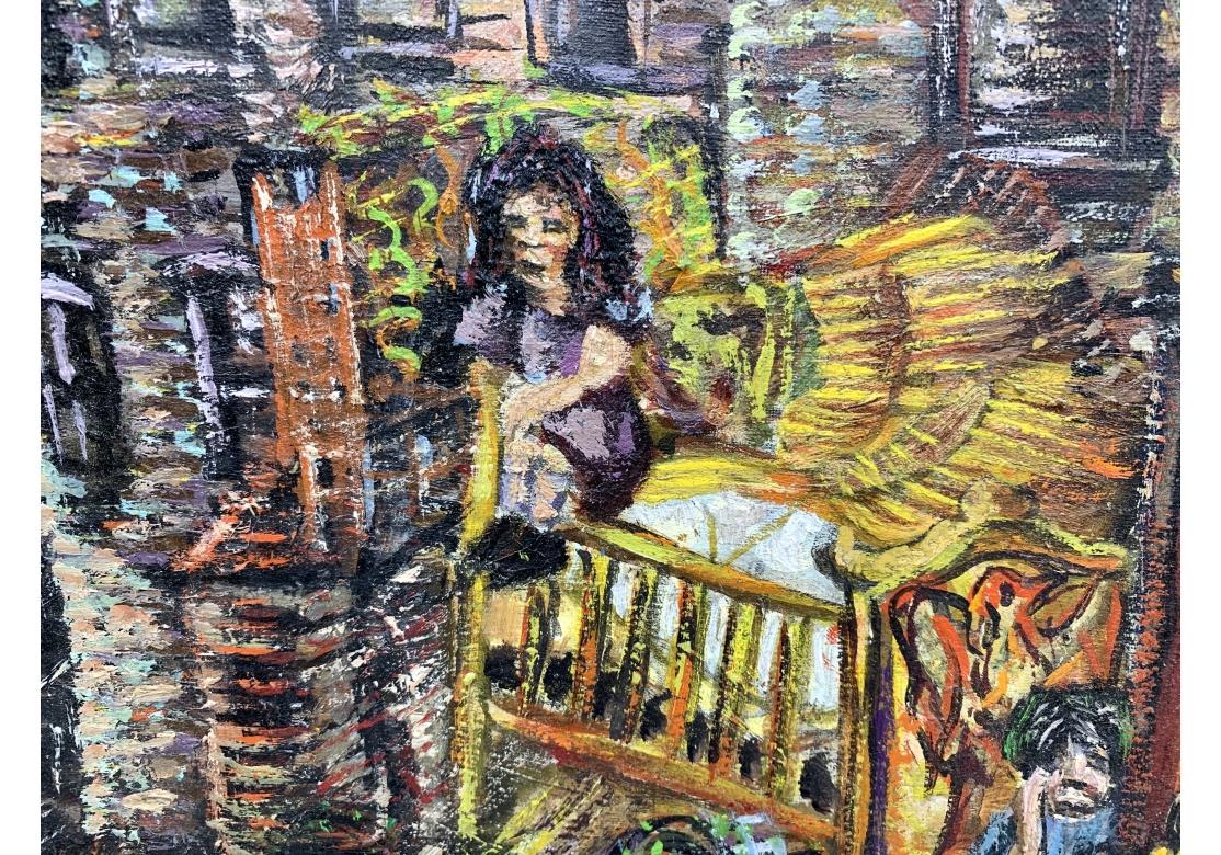 Dipinto a mano Abbazia di Niberg (Am. 1920-1990)  Olio su tela I rifugiati, Brooklyn, NY in vendita
