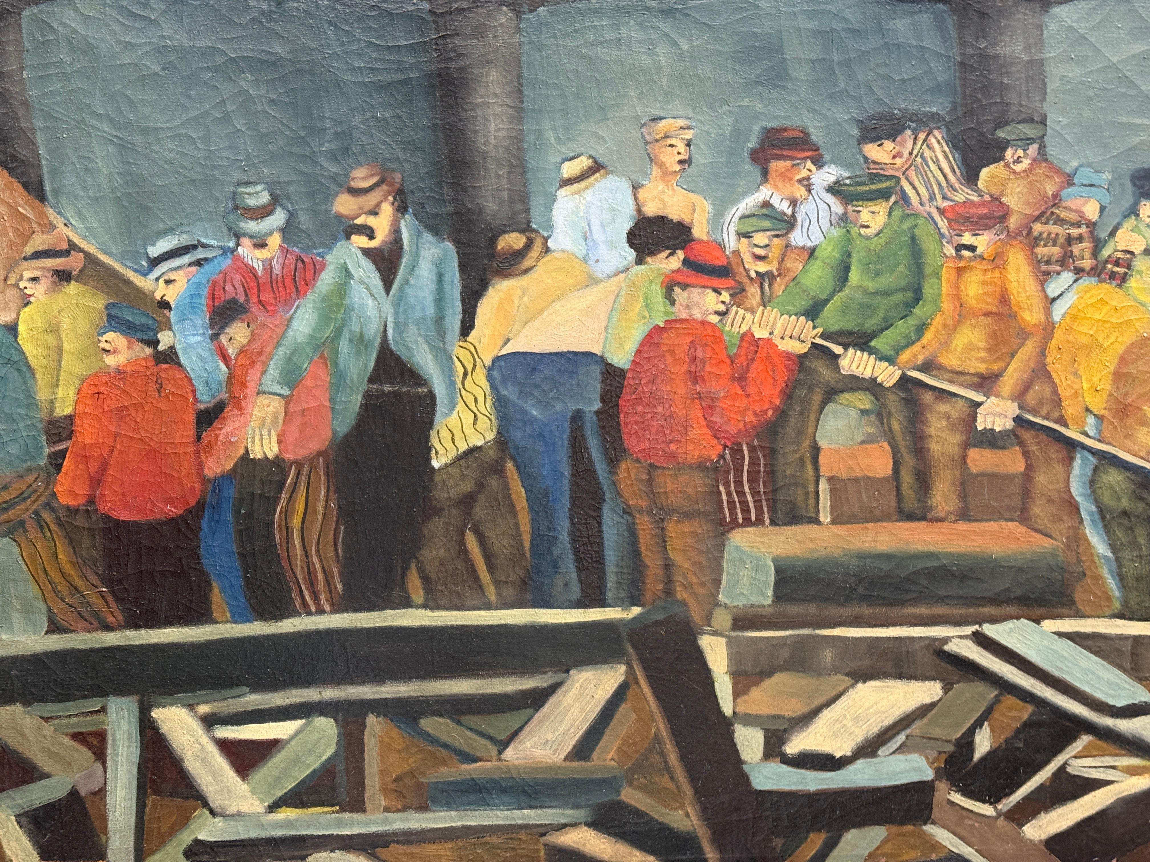 Ein wunderschönes, stimmungsvolles Gemälde von Arbeitern des bekannten New Yorker Künstlers Niberg Abbey (1920-1990). Wahrscheinlich in den 1940er Jahren gemalt. Das Gemälde befindet sich in seinem Originalrahmen, den der Künstler passend zu den