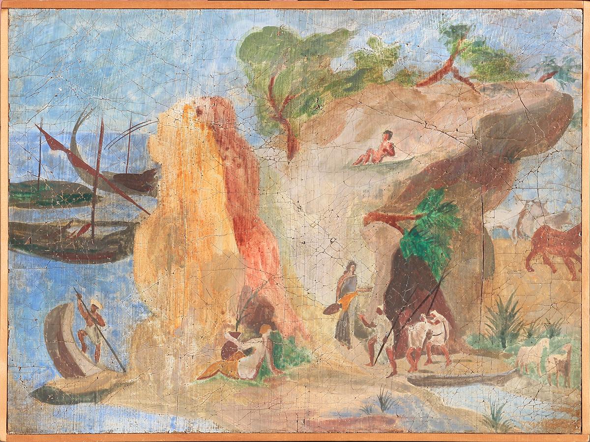 Abstract Painting Nic Gabriel - "Les Aventures d'Ulysse au pays de Laestrygone" Art populaire grec peint à la main