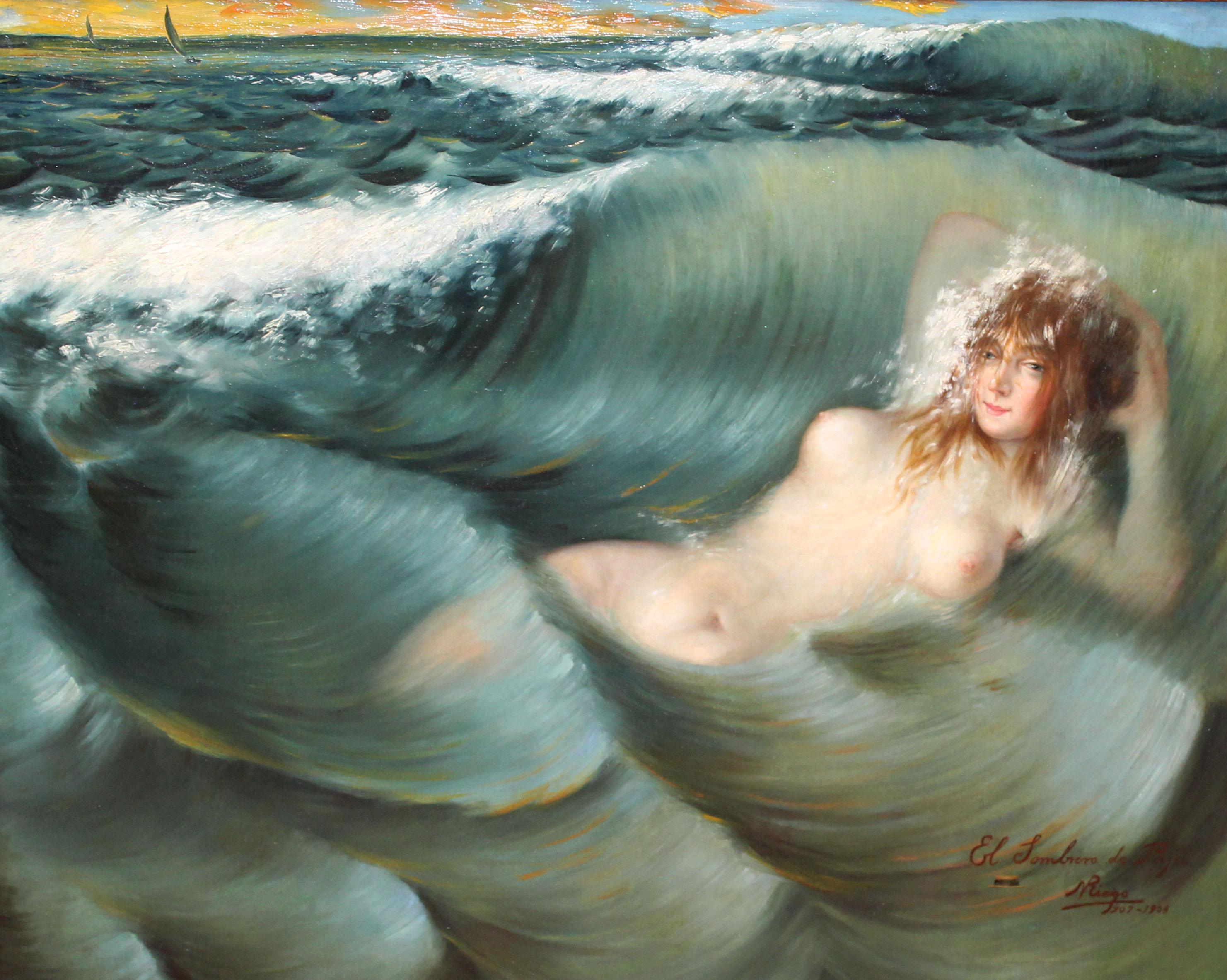 Joven desnuda en el mar - Óleo sobre tela - Año 1907 - Painting by Nicanor del Riego Pérez 