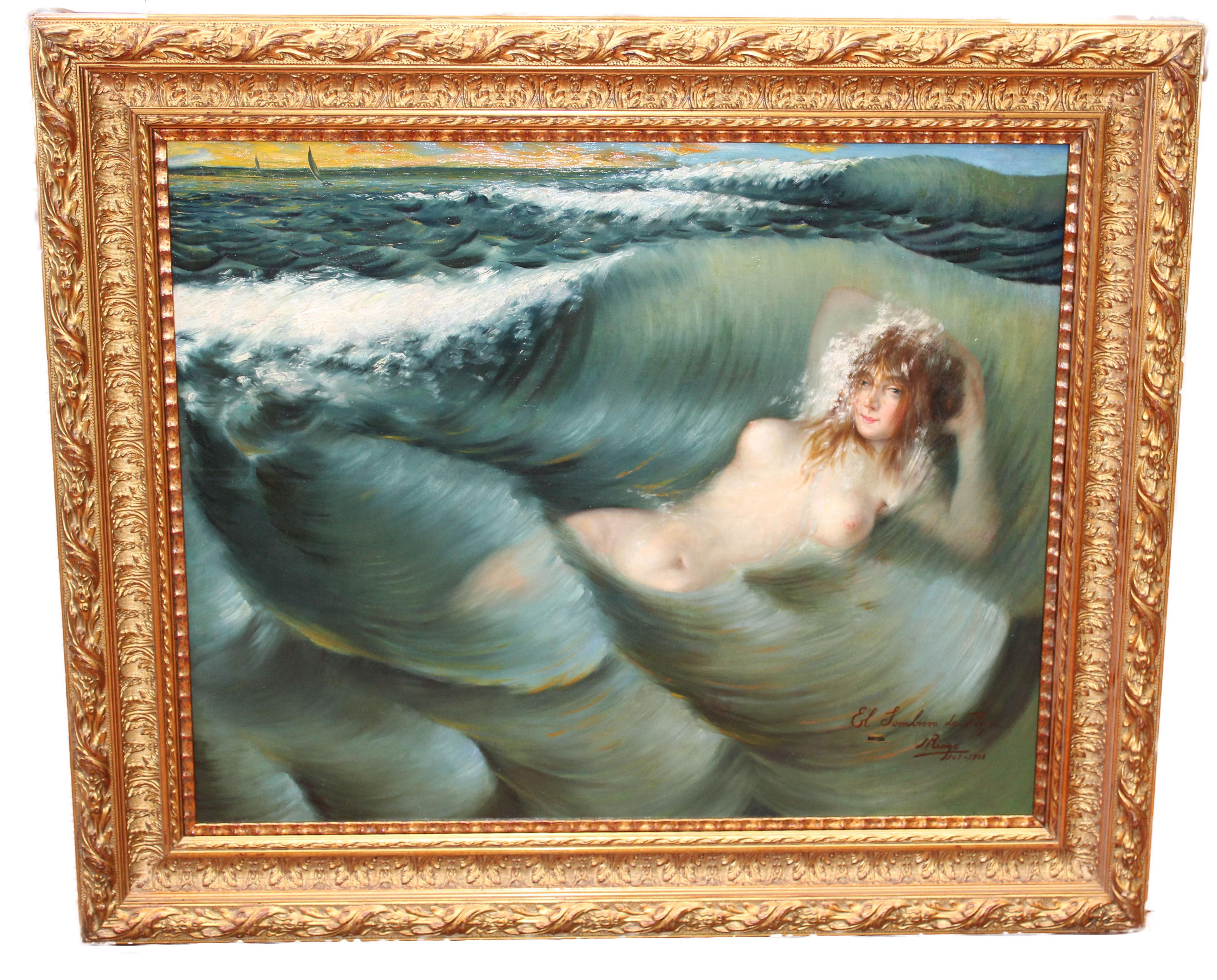 Nicanor del Riego Pérez  Nude Painting - Joven desnuda en el mar - Óleo sobre tela - Año 1907