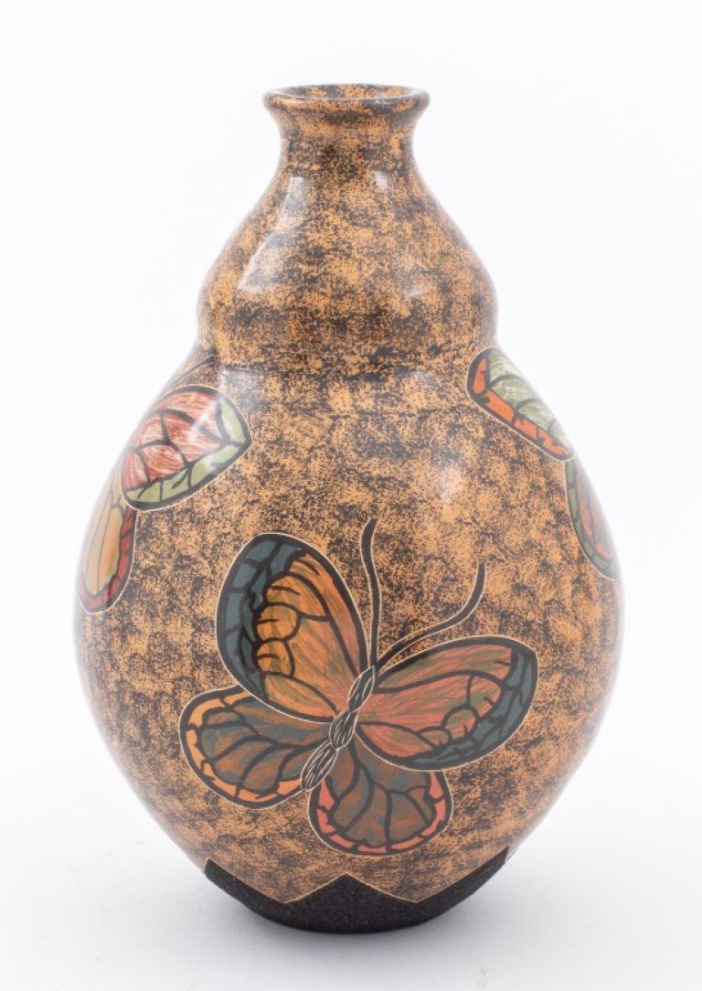 Modern Nicaraguan ceramic pottery vase hand-painted with polychrome butterflies and of double gourd form with sand-blasted base, apparently unsigned. 

Dealer: S138XX