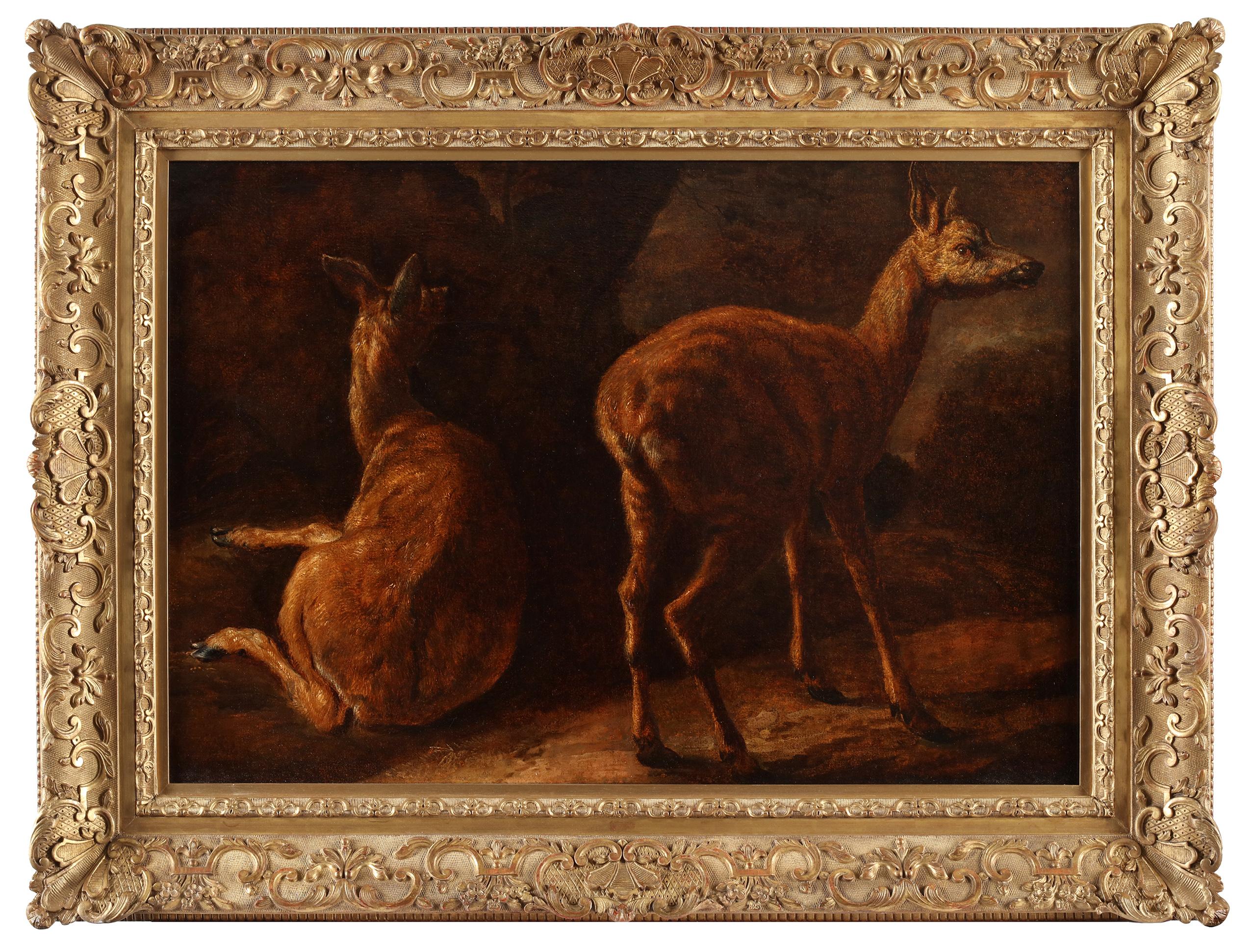 Oil on canvas
Joined with a certificate by dr. Jan De Maere (16/01/2023) 
 
Dimensions: 51 x 73 cm, 70 x 92 cm (framed)

In this study, two young eer calves stand as a harmonious duo, their gentle and delicate features illuminated by a soft natural