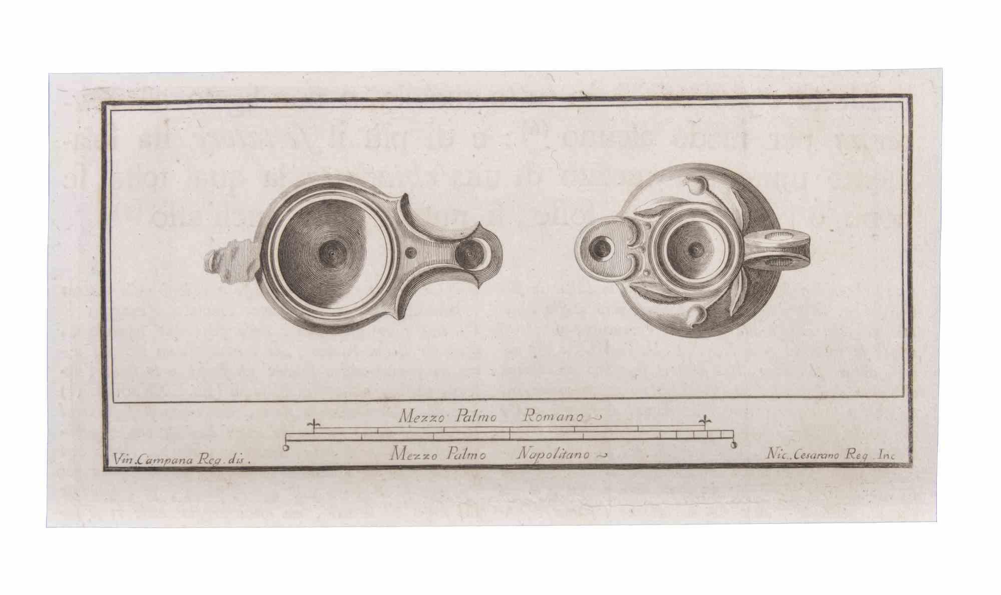 Oil Lamp is an Etching realized by Niccolò Cesarano (1740-1815).

The etching belongs to the print suite “Antiquities of Herculaneum Exposed” (original title: “Le Antichità di Ercolano Esposte”), an eight-volume volume of engravings of the finds