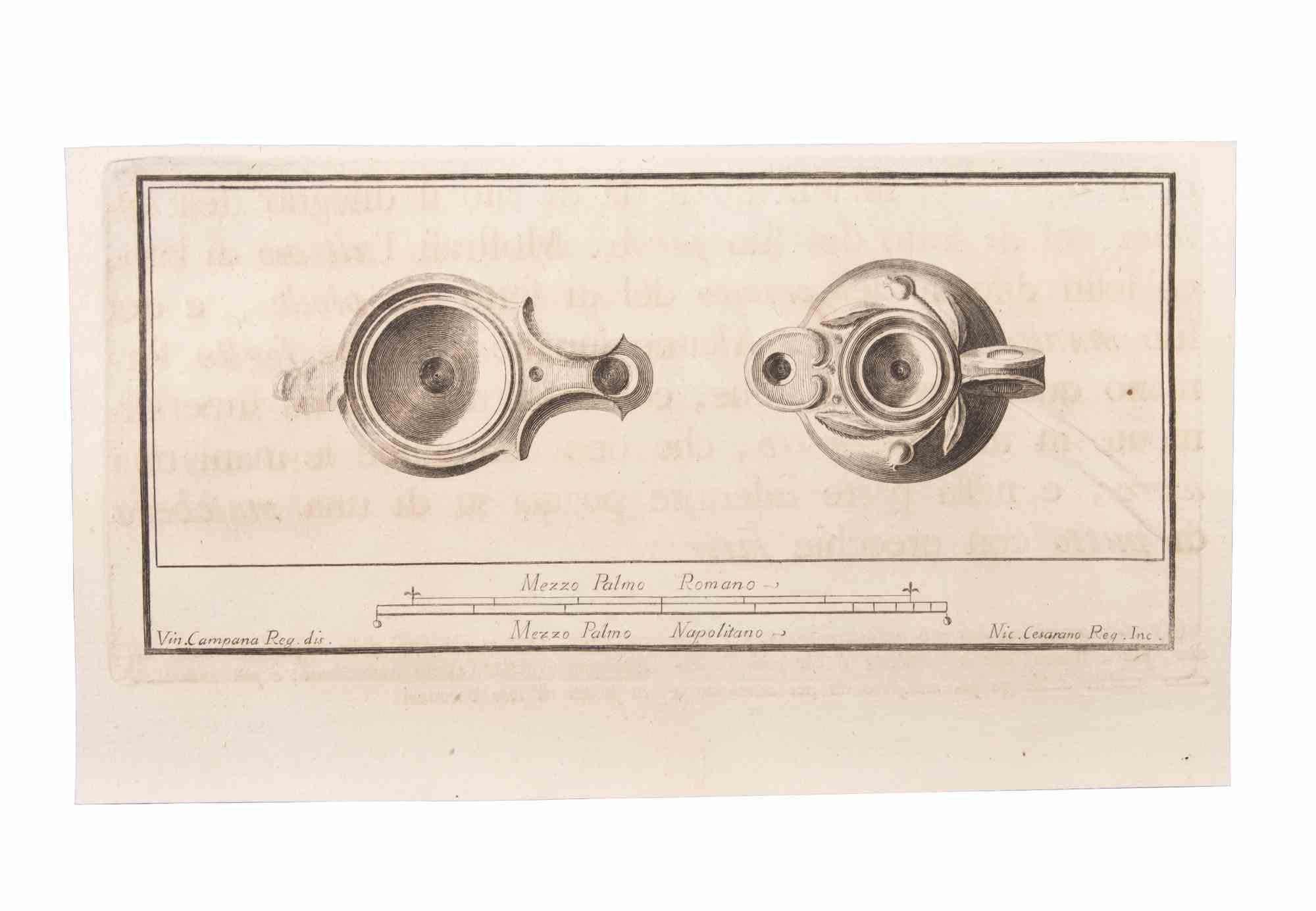 Oil Lamp is an Etching realized by Niccolò Cesarano (1740-1815).

The etching belongs to the print suite “Antiquities of Herculaneum Exposed” (original title: “Le Antichità di Ercolano Esposte”), an eight-volume volume of engravings of the finds