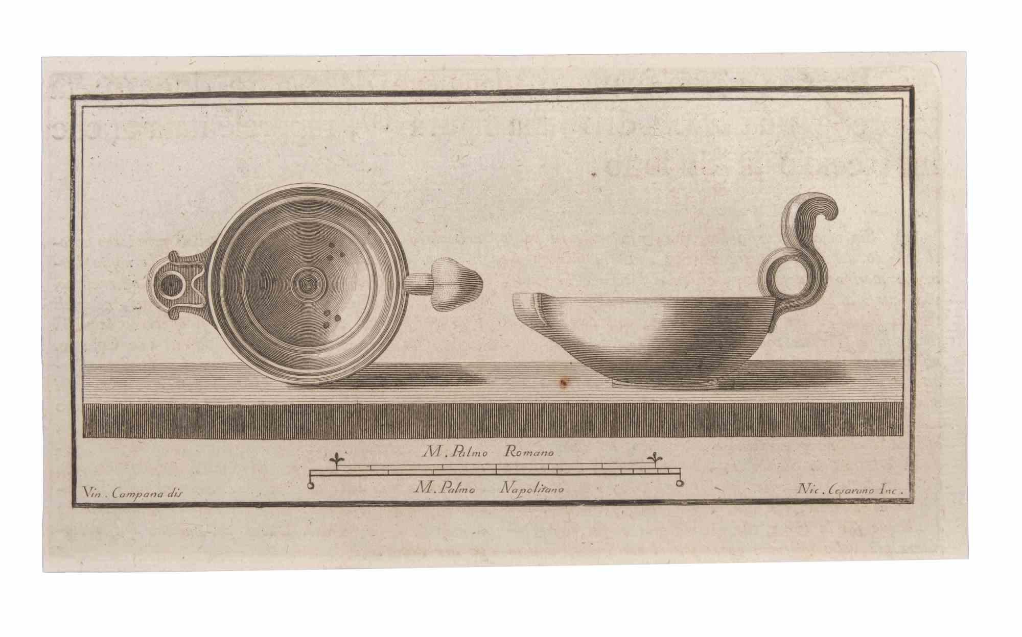 Lampe à huile est une gravure réalisée par Niccolò Cesarano (1740-1815).

La gravure appartient à la suite d'estampes "Antiquités d'Herculanum exposées" (titre original : "Le Antichità di Ercolano Esposte"), un volume de huit gravures des