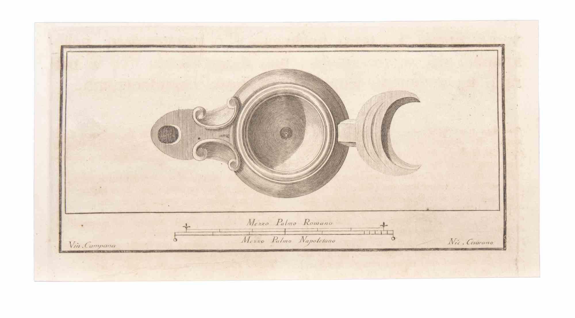 Lampe à huile est une gravure réalisée par Niccolò Cesarano (1740-1815).

La gravure appartient à la suite d'estampes "Antiquités d'Herculanum exposées" (titre original : "Le Antichità di Ercolano Esposte"), un volume de huit gravures des