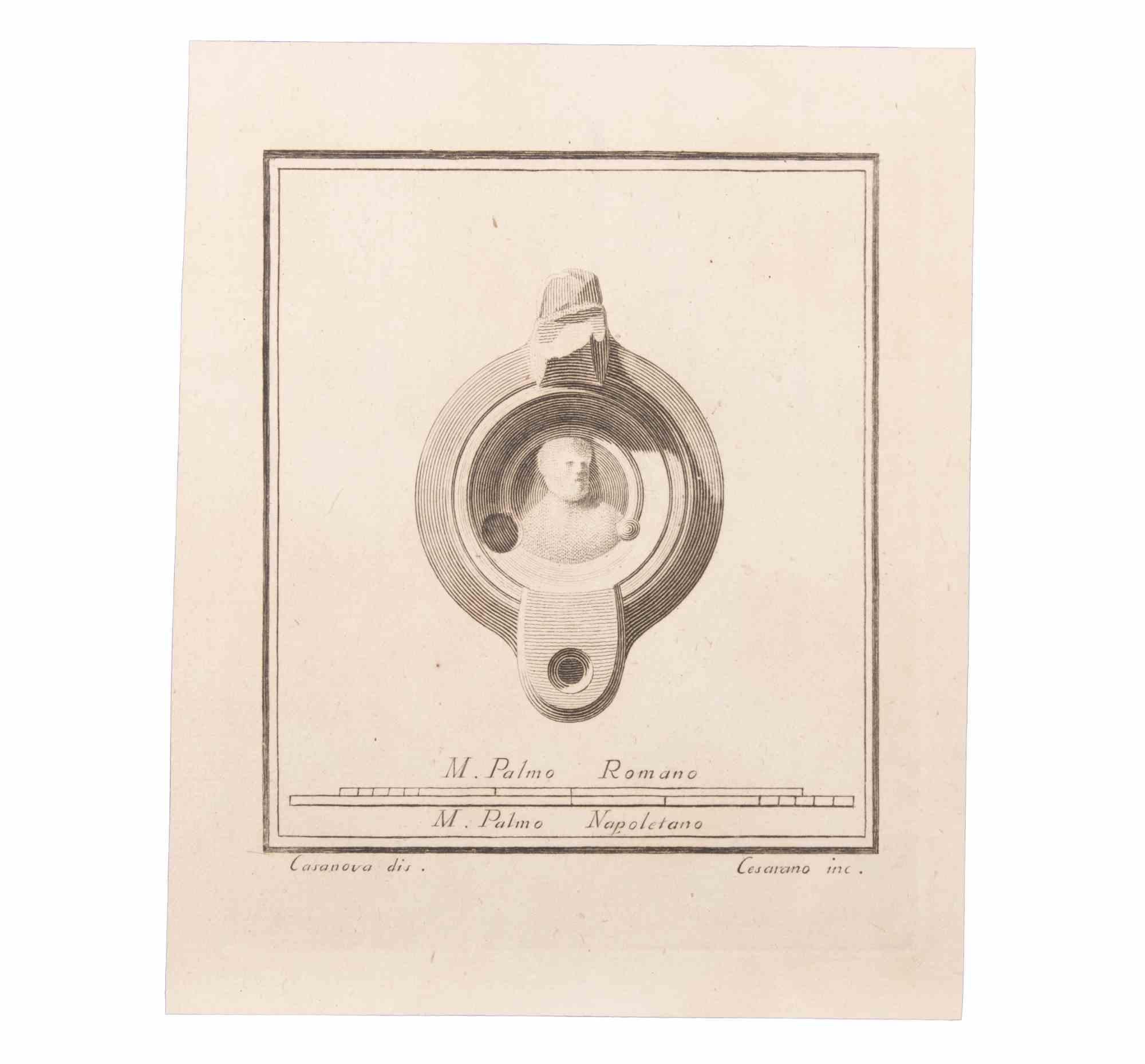 Oil Lamp With Decoration is an Etching realized by Niccolò Cesarano (1740-1815).

The etching belongs to the print suite “Antiquities of Herculaneum Exposed” (original title: “Le Antichità di Ercolano Esposte”), an eight-volume volume of engravings
