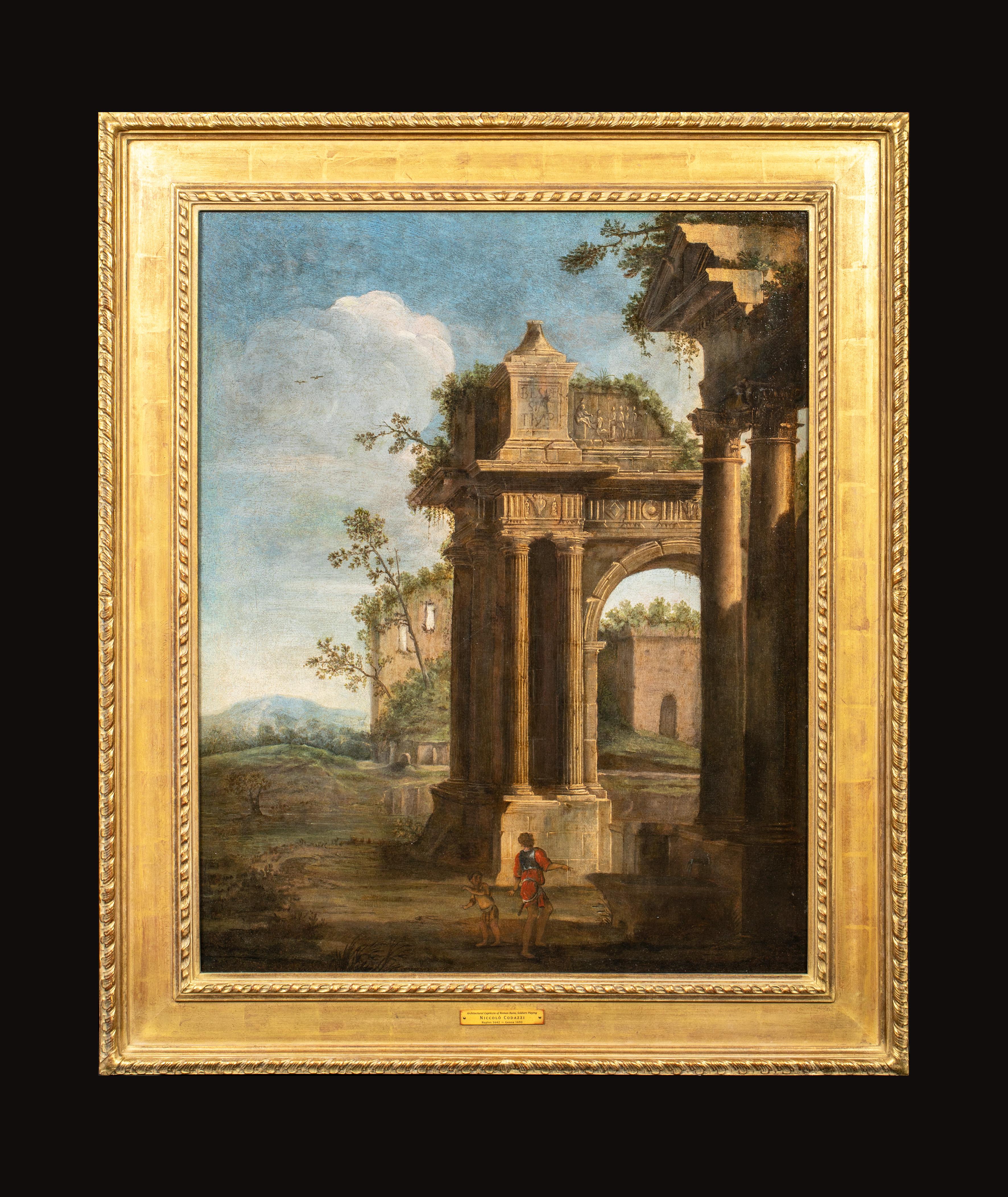 Capriccio architectural avec un soldat et un enfant, datant d'environ 1680 - Painting de Niccolò Codazzi