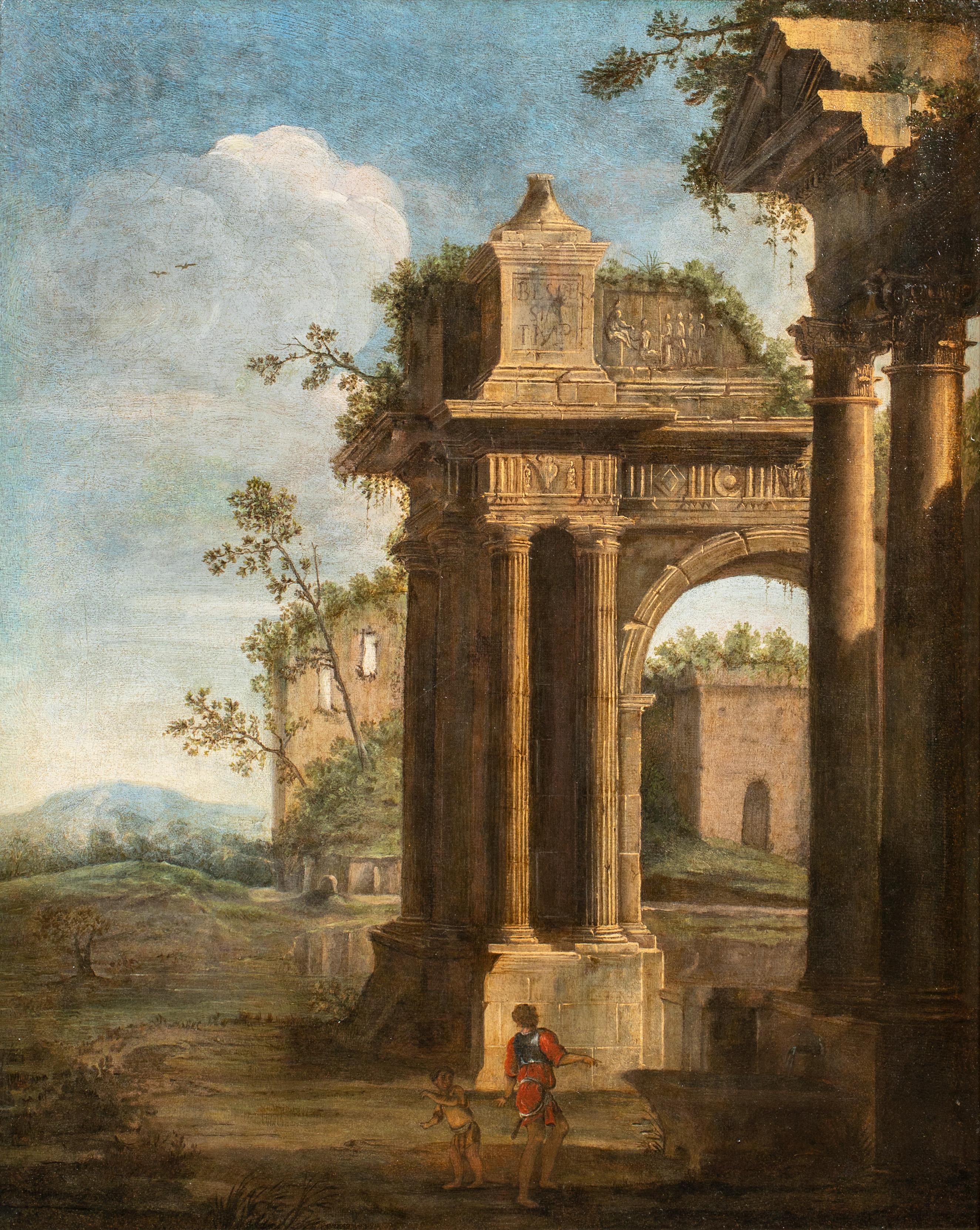 Capriccio architectural avec un soldat et un enfant, datant d'environ 1680 - Marron Landscape Painting par Niccolò Codazzi