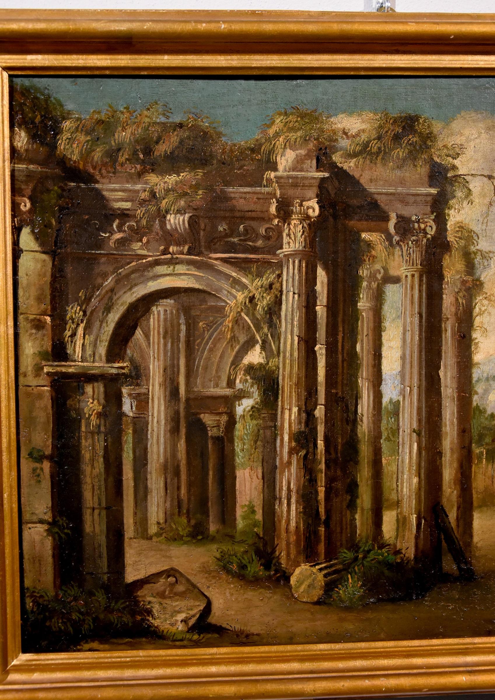 Roman school late 17th - early 18th century - Follower of Niccolò Codazzi (Naples, 1642 - Genoa, 1693)
Pair of fantastic architectural whims with classical ruins and figures

Oils on canvas, cm. 47 x 60, framed cm. 55 x 68

A suggestive perspective