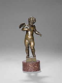 Italian bronze Figure of Young Cherub on Porphyry Base - Att. to Roccatagliata