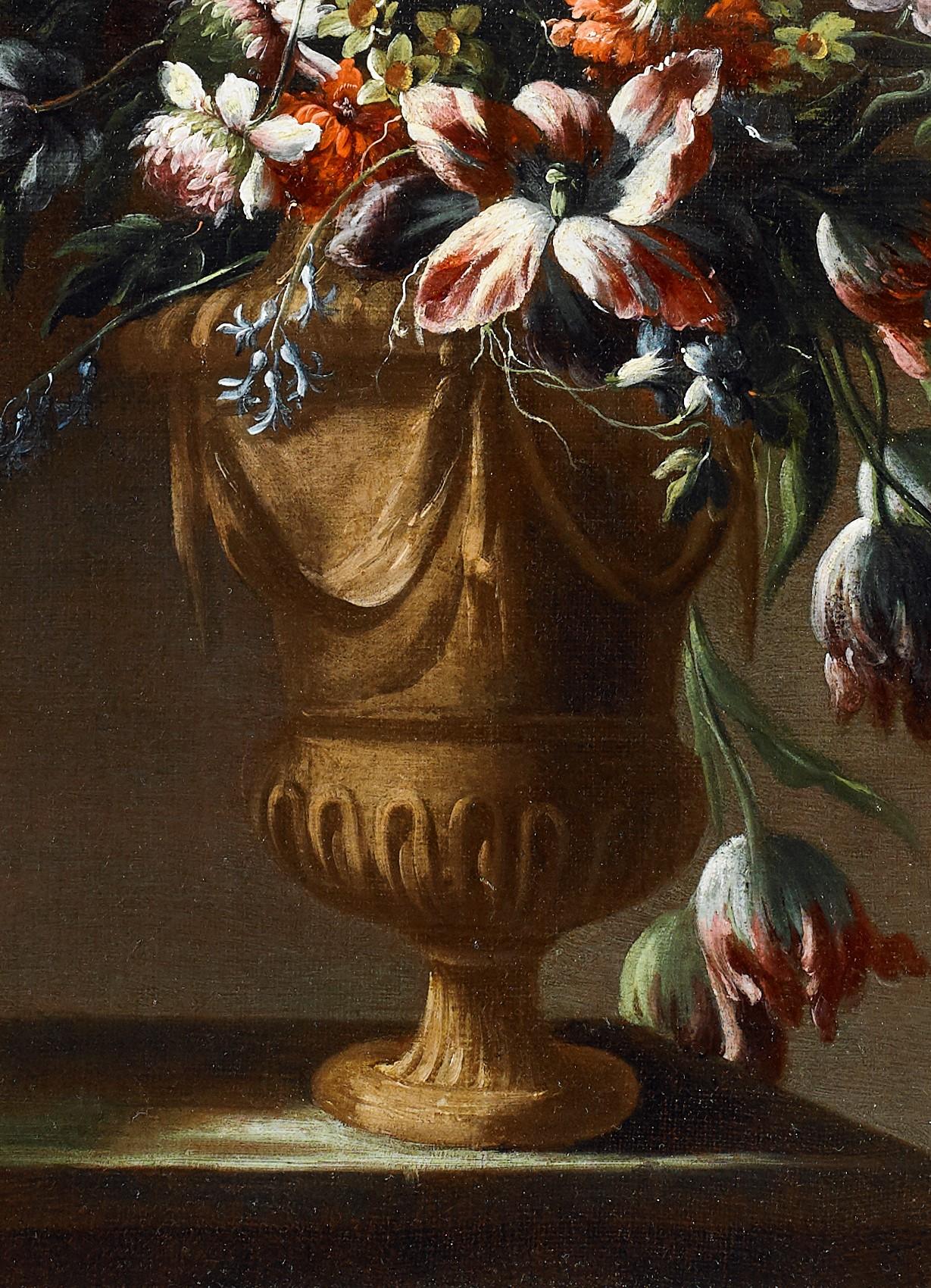 17th Century Still Life Niccolò Stanchi Flowers Oil on Canvas Red Pink White For Sale 2