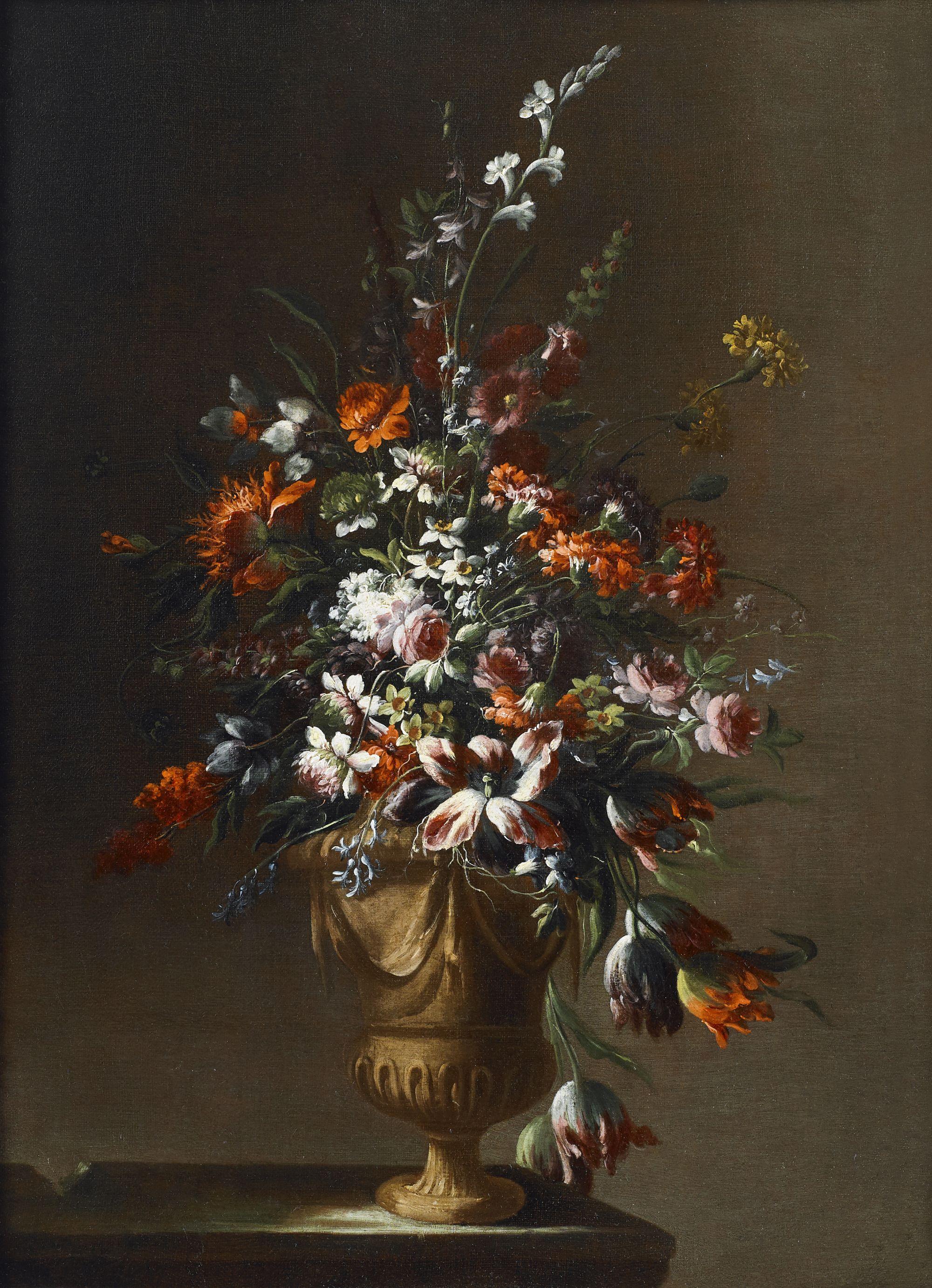 17th Century Still Life Niccolò Stanchi Flowers Oil on Canvas Red Pink White