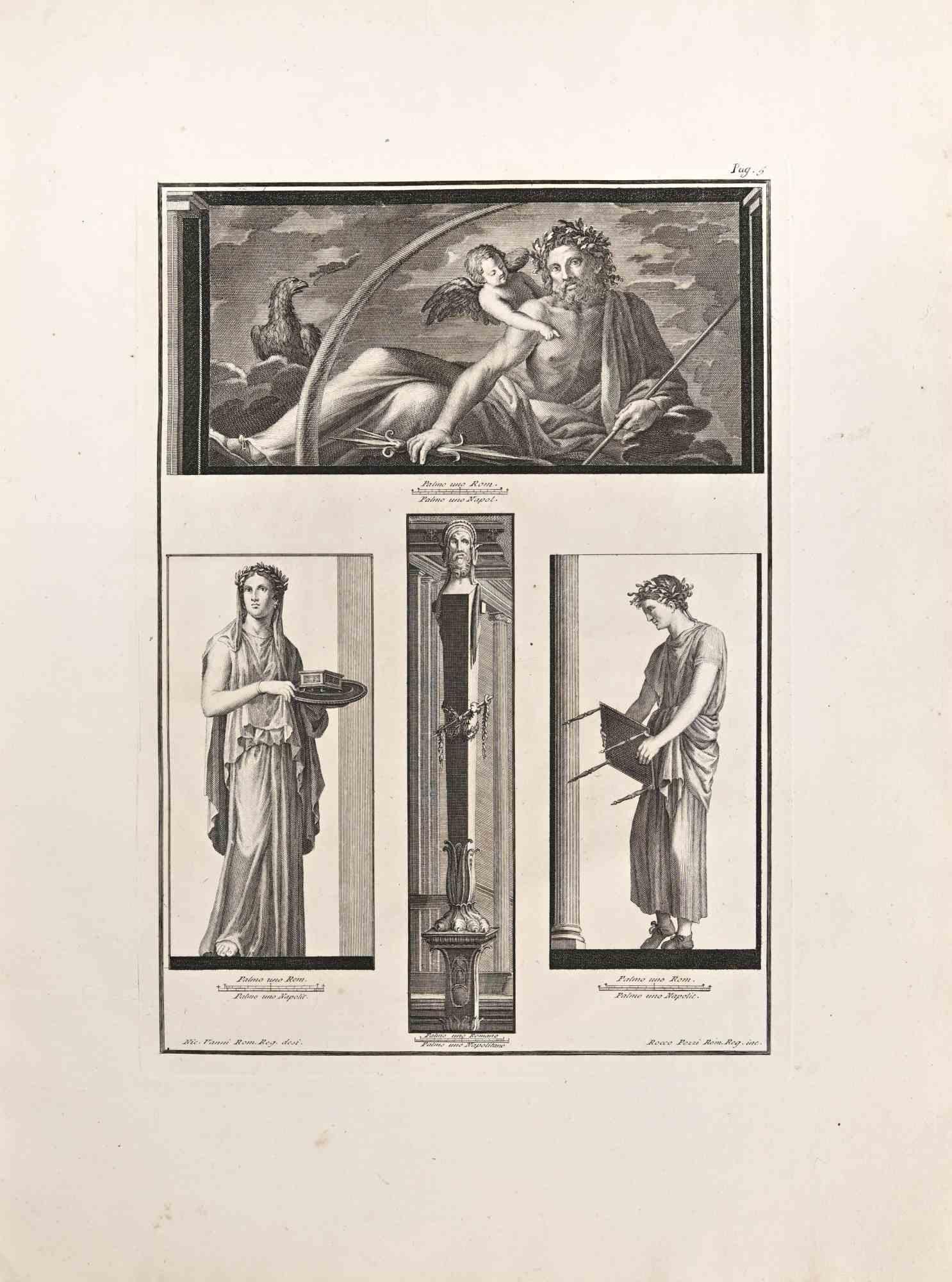 Antichi affreschi romani di  Ercolano della serie "Antichità di Ercolano", è un'acquaforte su carta realizzata da Nicola Vanni nel XVIII secolo.
 
Firmato sul piatto.
 
Buone condizioni.
 
L'incisione appartiene alla suite di stampe "Antiquities of
